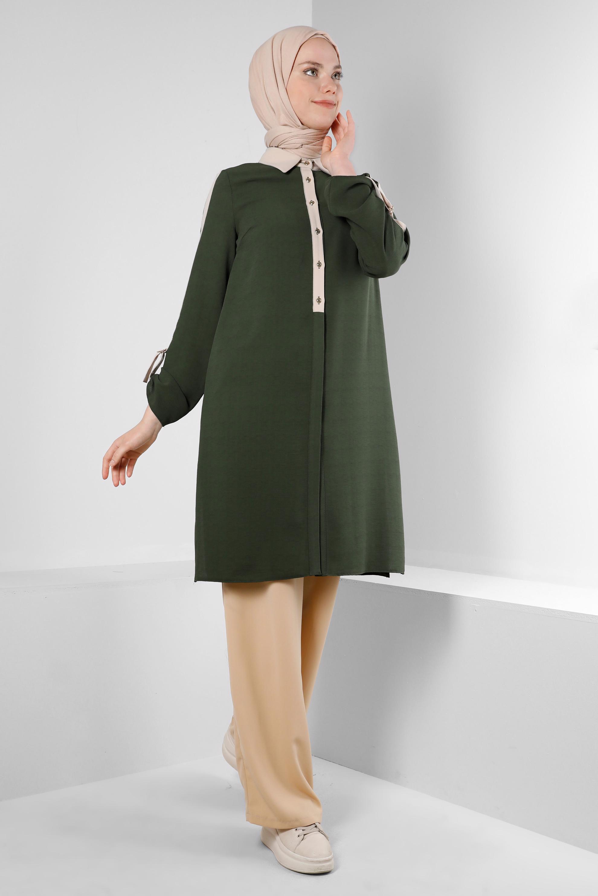 Tesettür giyim HAKİ GÖMLEK YAKA DÜĞMELİ TUNİK 43705