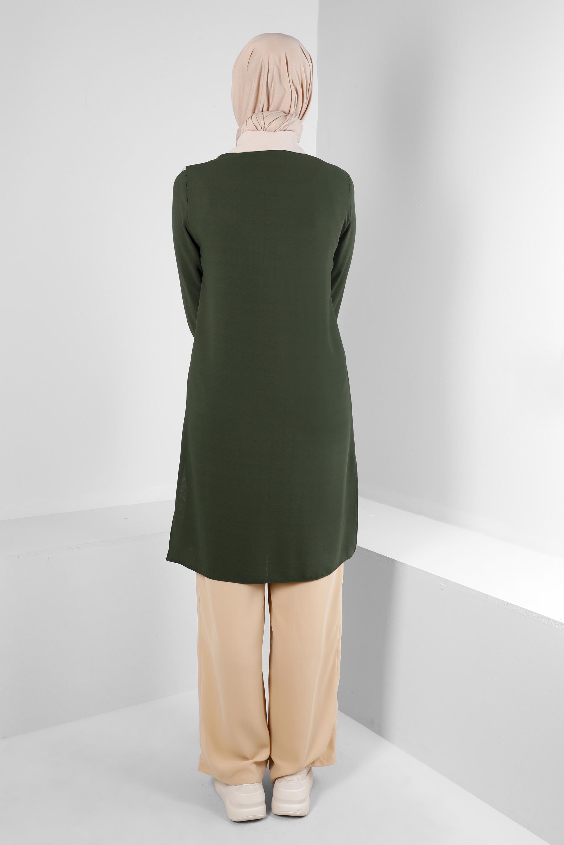 Tesettür giyim HAKİ GÖMLEK YAKA DÜĞMELİ TUNİK 43705