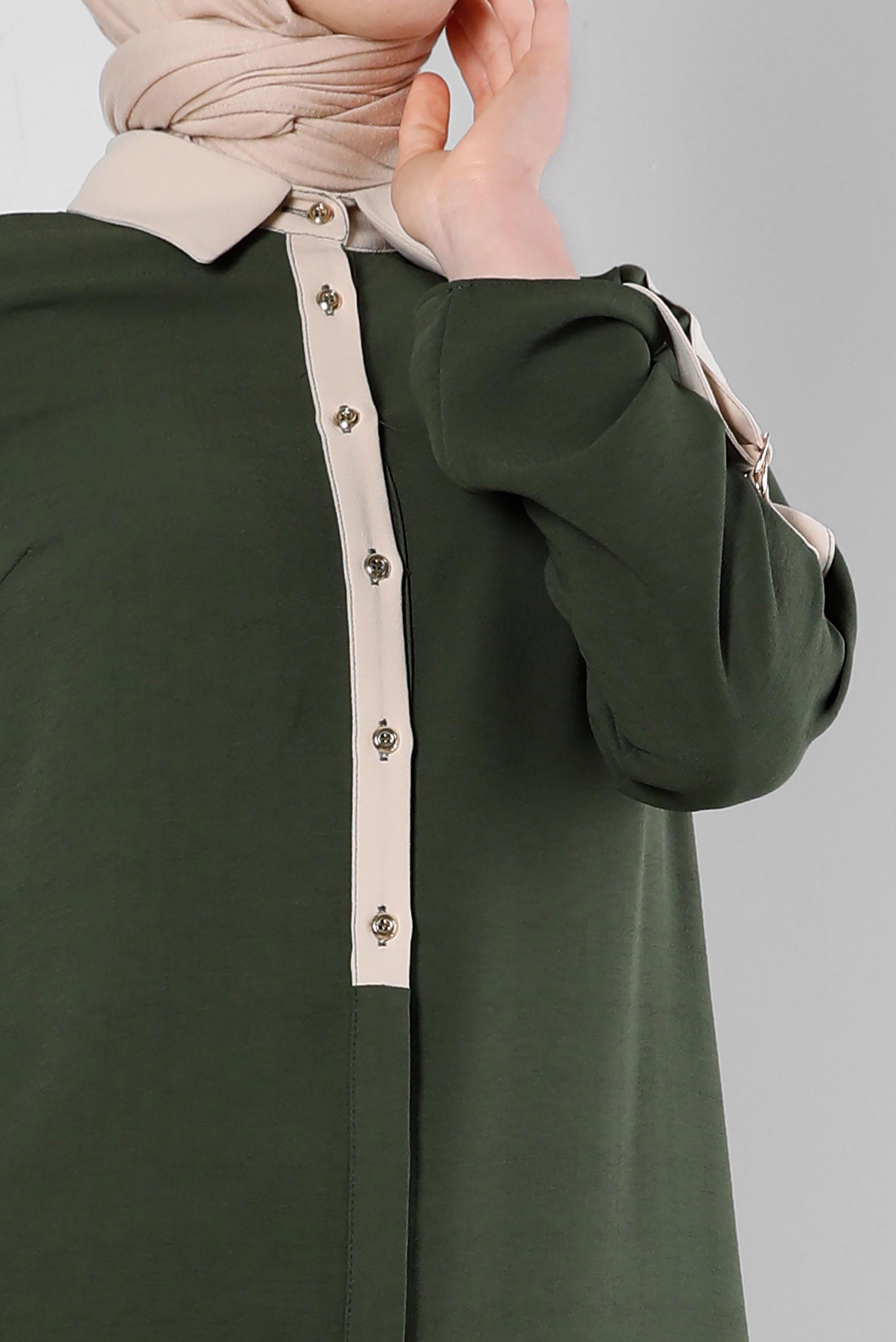 Tesettür giyim HAKİ GÖMLEK YAKA DÜĞMELİ TUNİK 43705