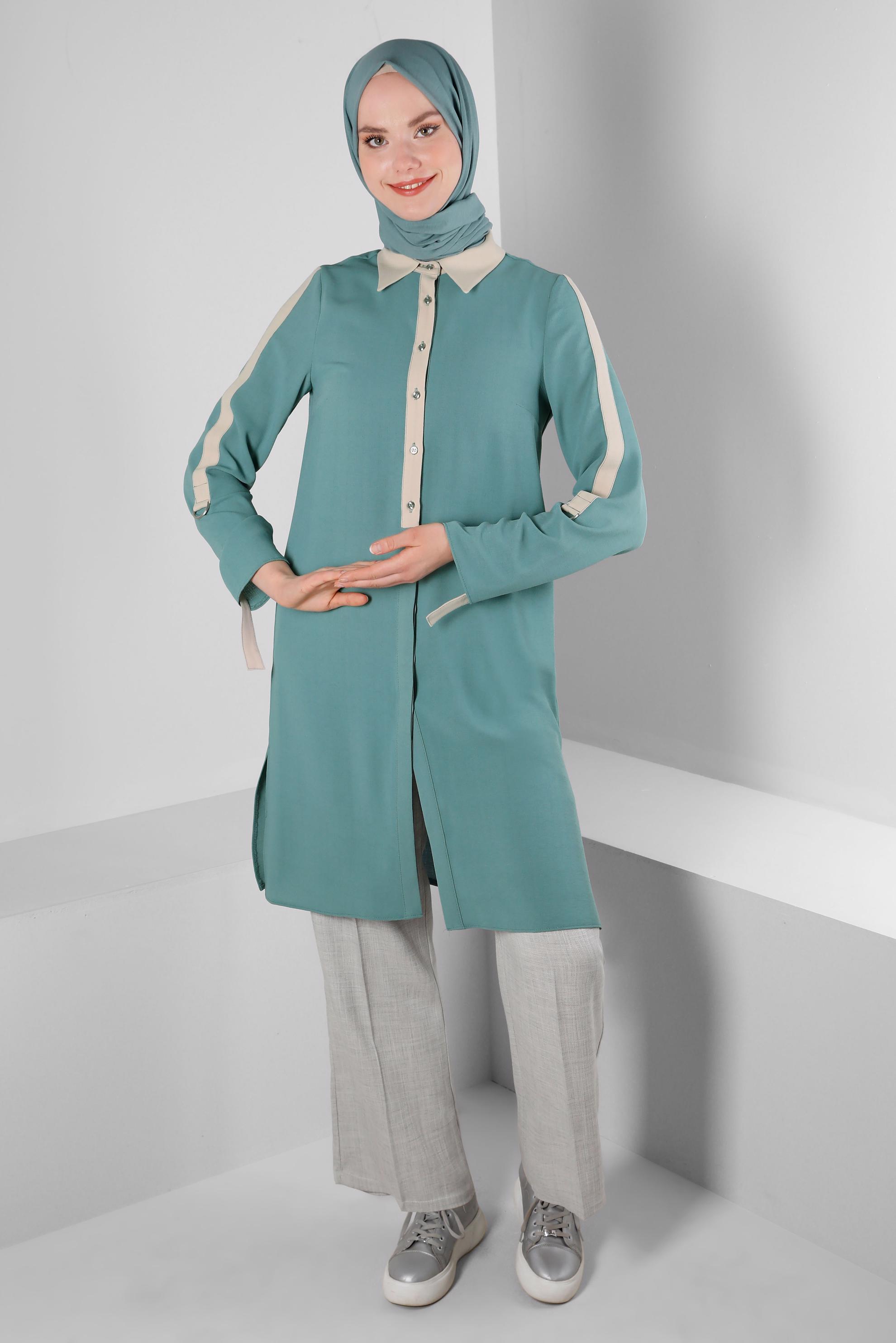 Tesettür giyim MAVİ GÖMLEK YAKA DÜĞMELİ TUNİK 43705