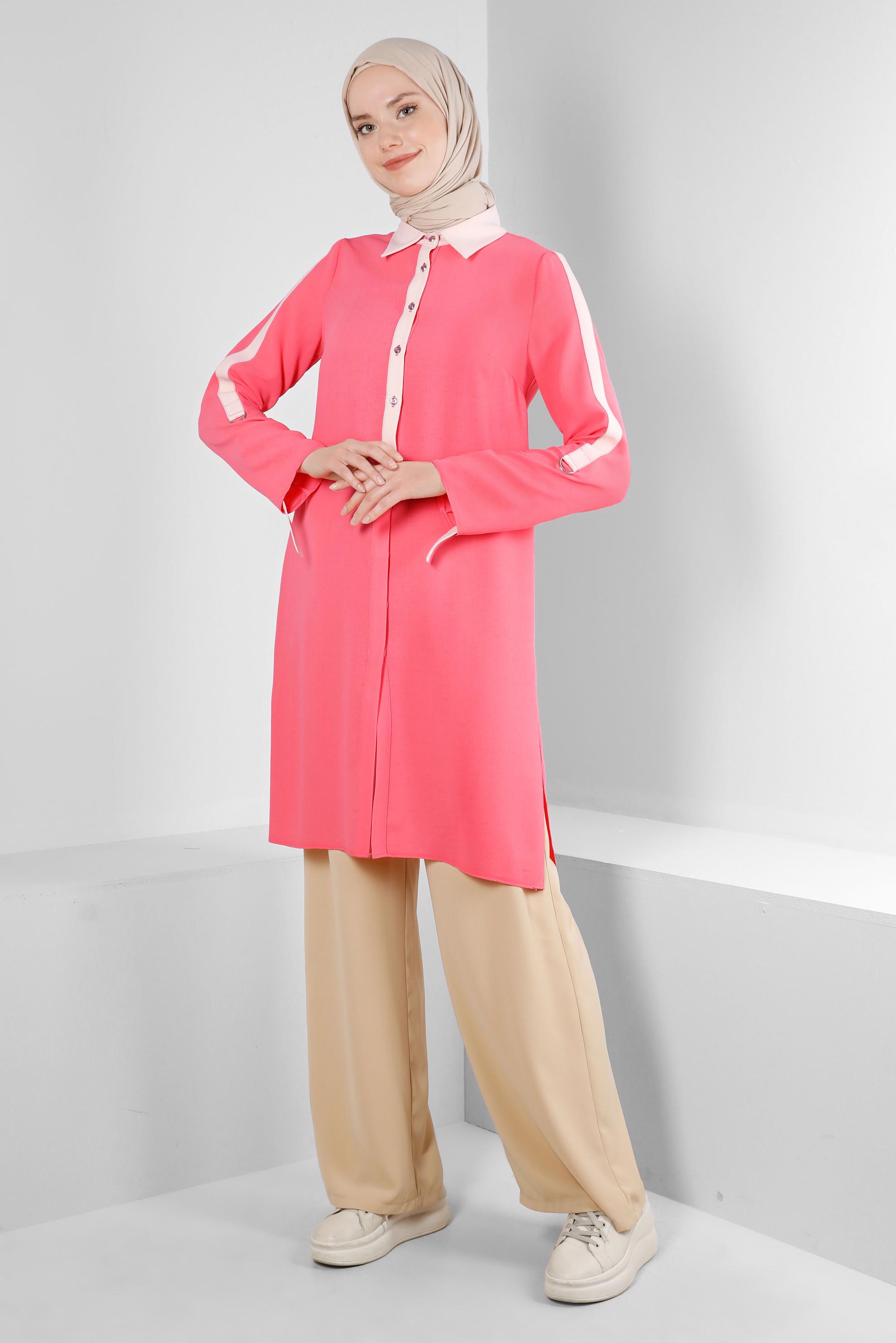 Tesettür giyim MERCAN GÖMLEK YAKA DÜĞMELİ TUNİK 43705