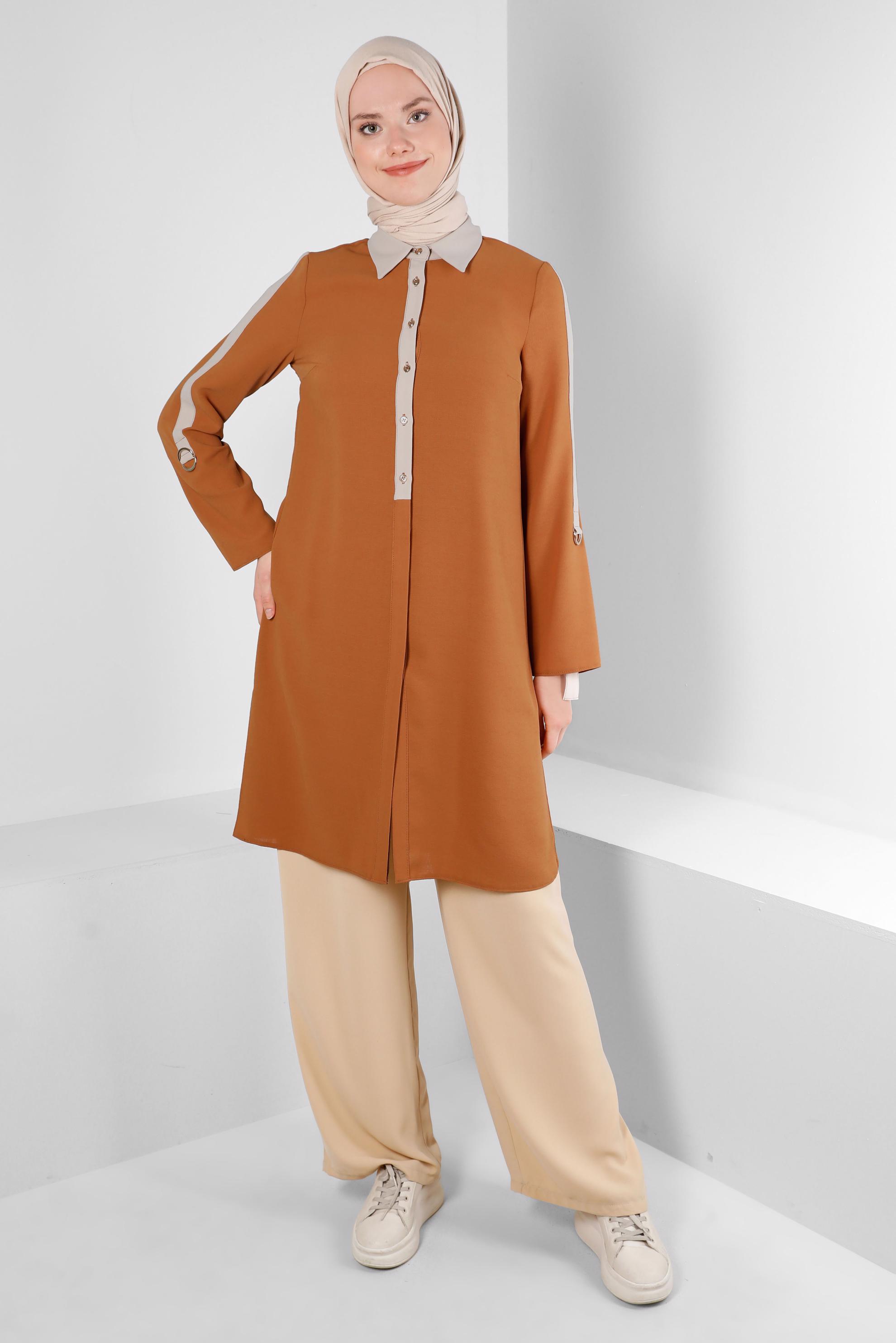 Tesettür giyim KAHVE GÖMLEK YAKA DÜĞMELİ TUNİK 43705
