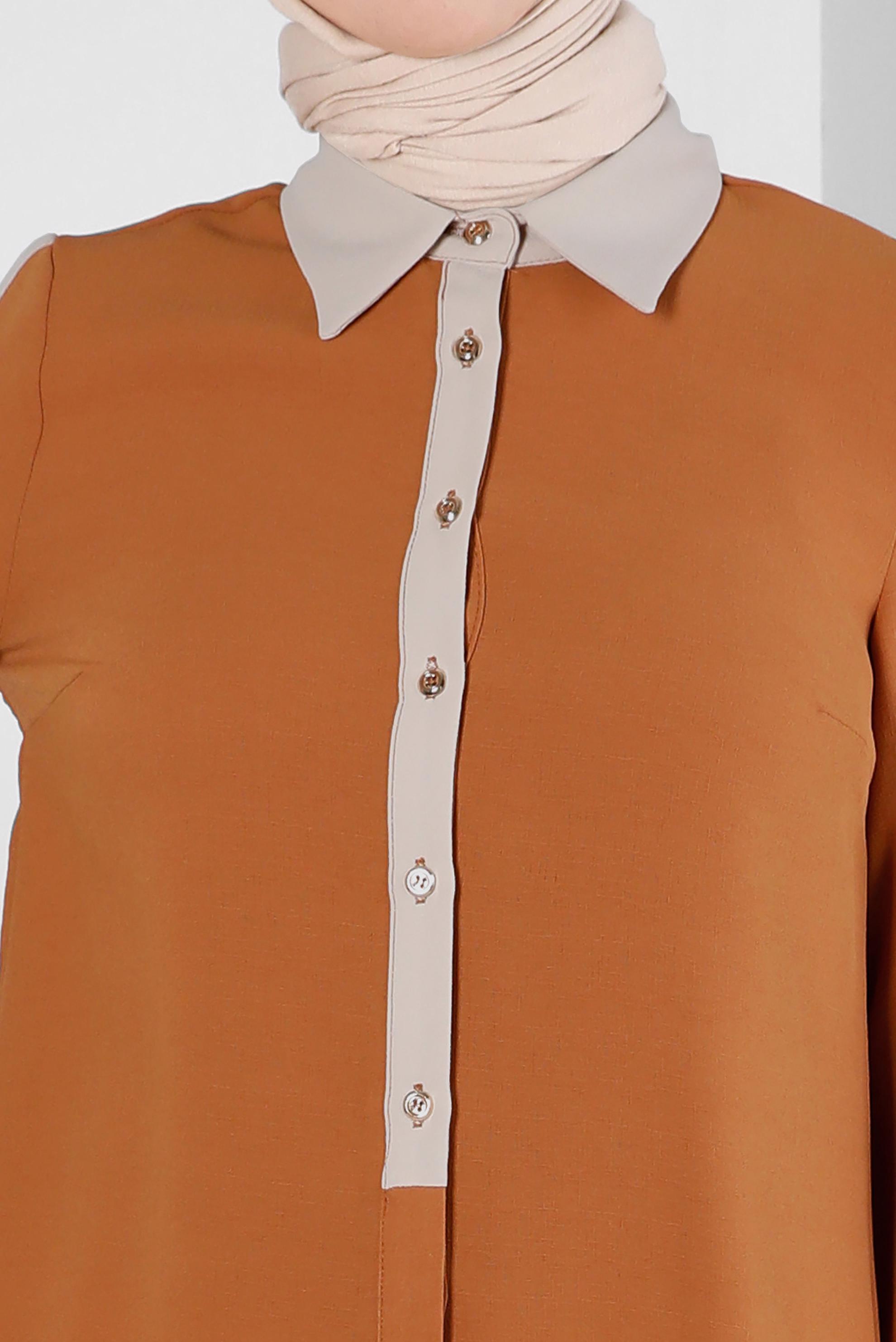 Tesettür giyim KAHVE GÖMLEK YAKA DÜĞMELİ TUNİK 43705