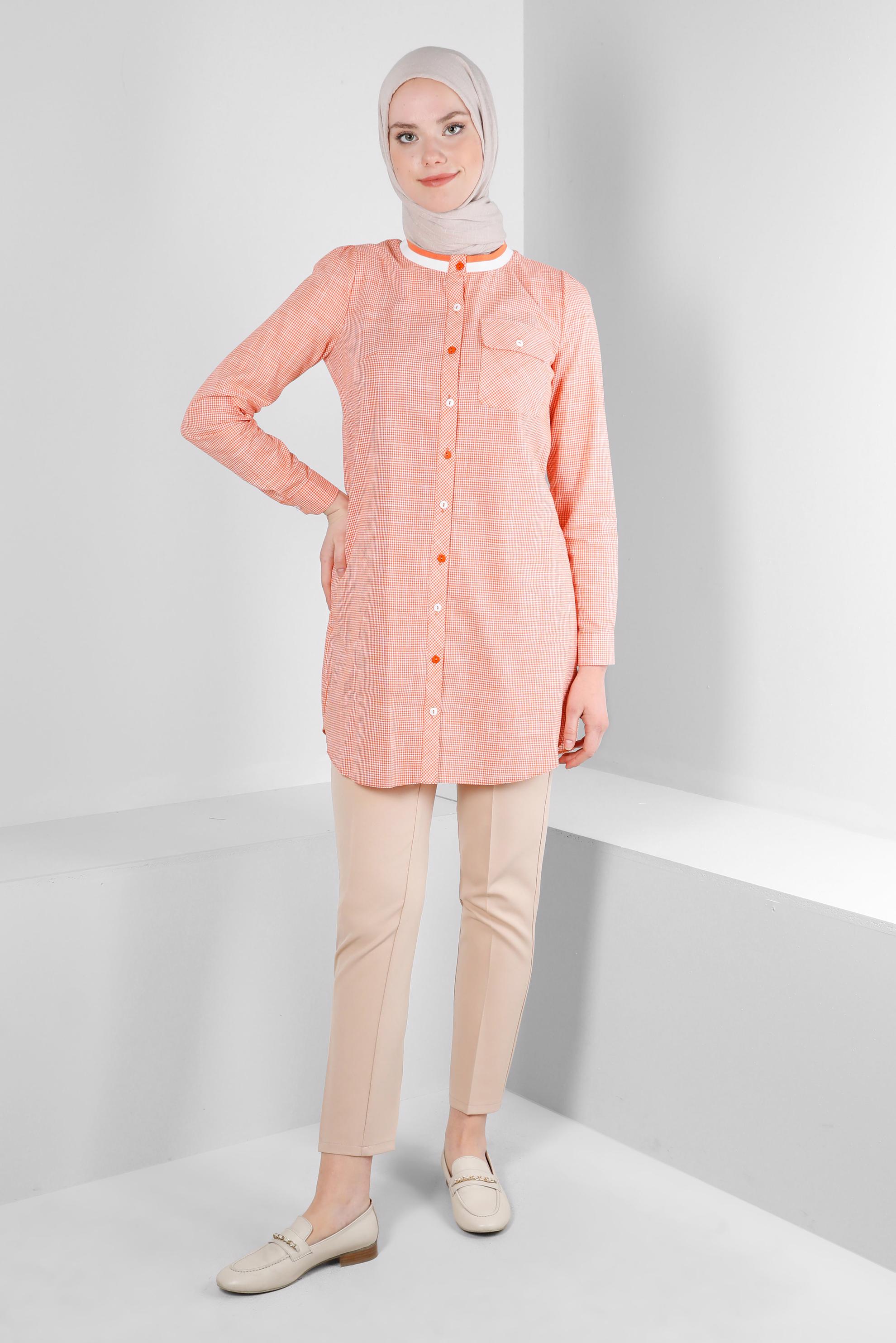 Tesettür giyim TURUNCU PÖTİKARE DESENLİ YAKASI ŞERİTLİ GÖMLEK TUNİK 43706