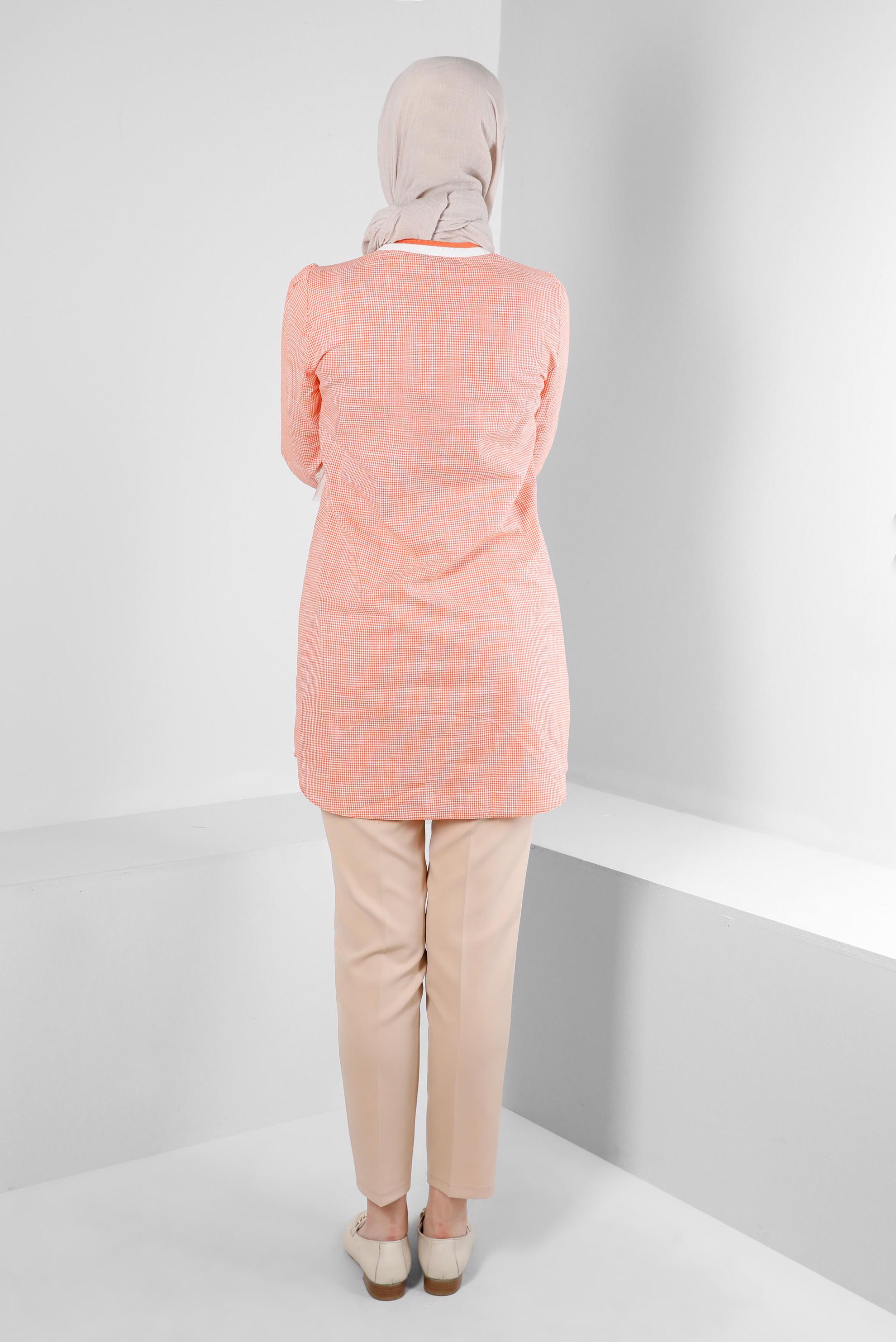 Tesettür giyim TURUNCU PÖTİKARE DESENLİ YAKASI ŞERİTLİ GÖMLEK TUNİK 43706