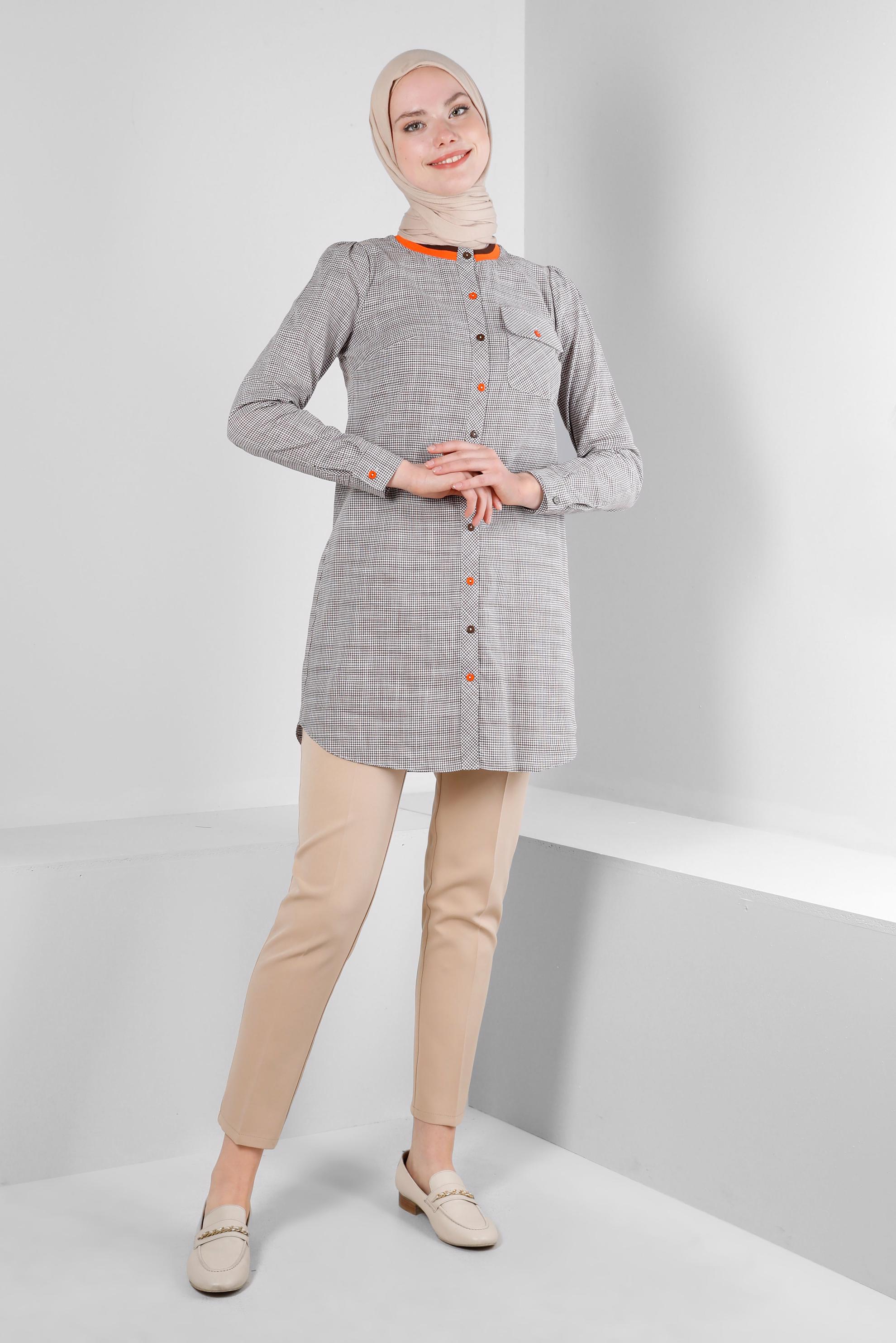 Tesettür giyim KAHVE PÖTİKARE DESENLİ YAKASI ŞERİTLİ GÖMLEK TUNİK 43706