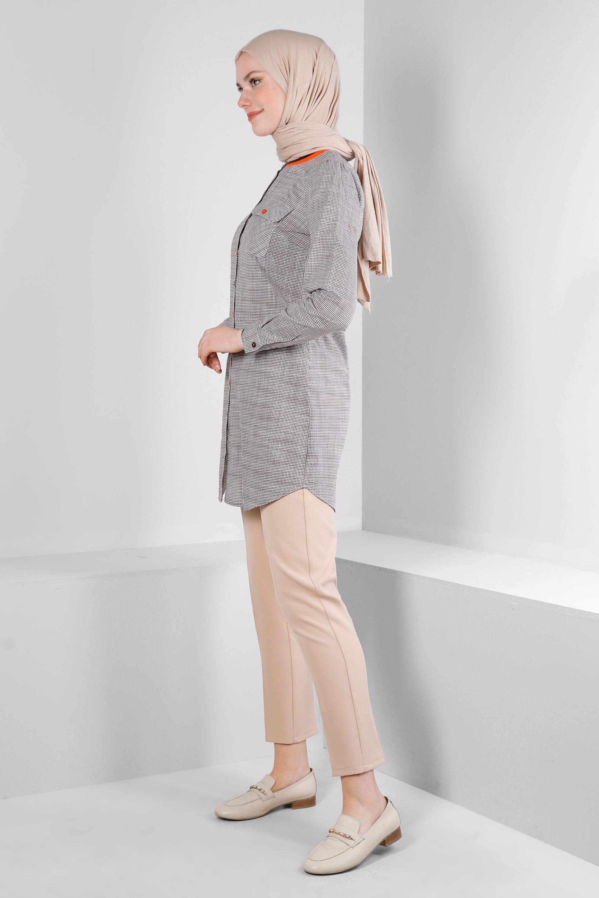 Tesettür giyim KAHVE PÖTİKARE DESENLİ YAKASI ŞERİTLİ GÖMLEK TUNİK 43706