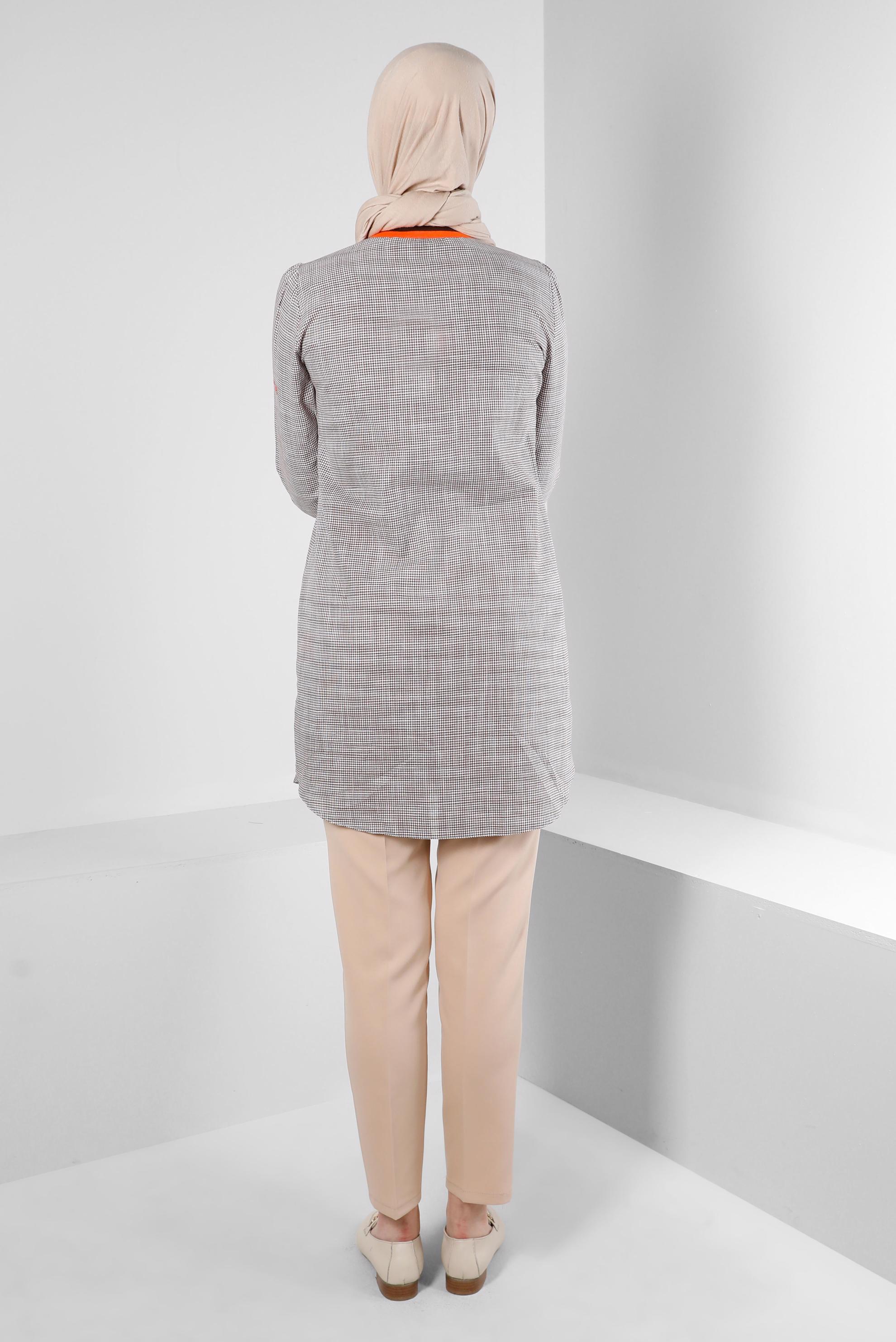 Tesettür giyim KAHVE PÖTİKARE DESENLİ YAKASI ŞERİTLİ GÖMLEK TUNİK 43706