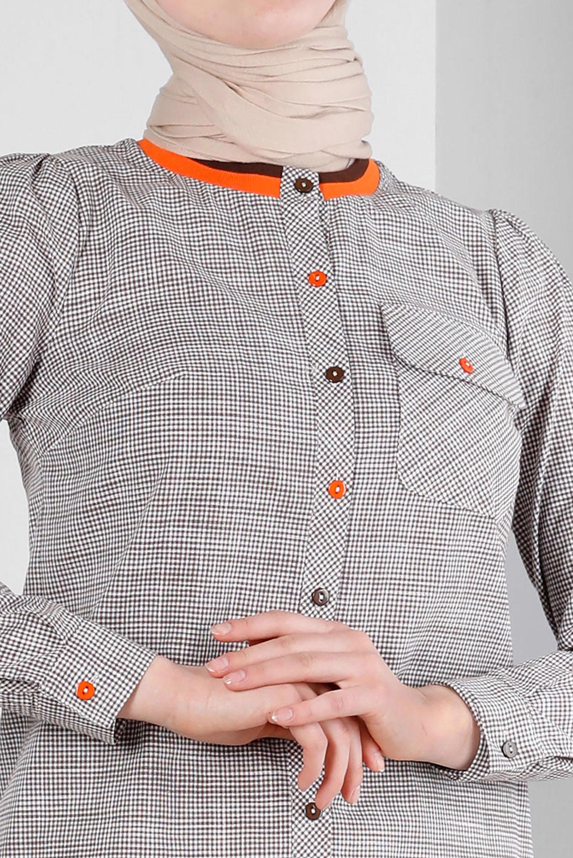 Tesettür giyim KAHVE PÖTİKARE DESENLİ YAKASI ŞERİTLİ GÖMLEK TUNİK 43706