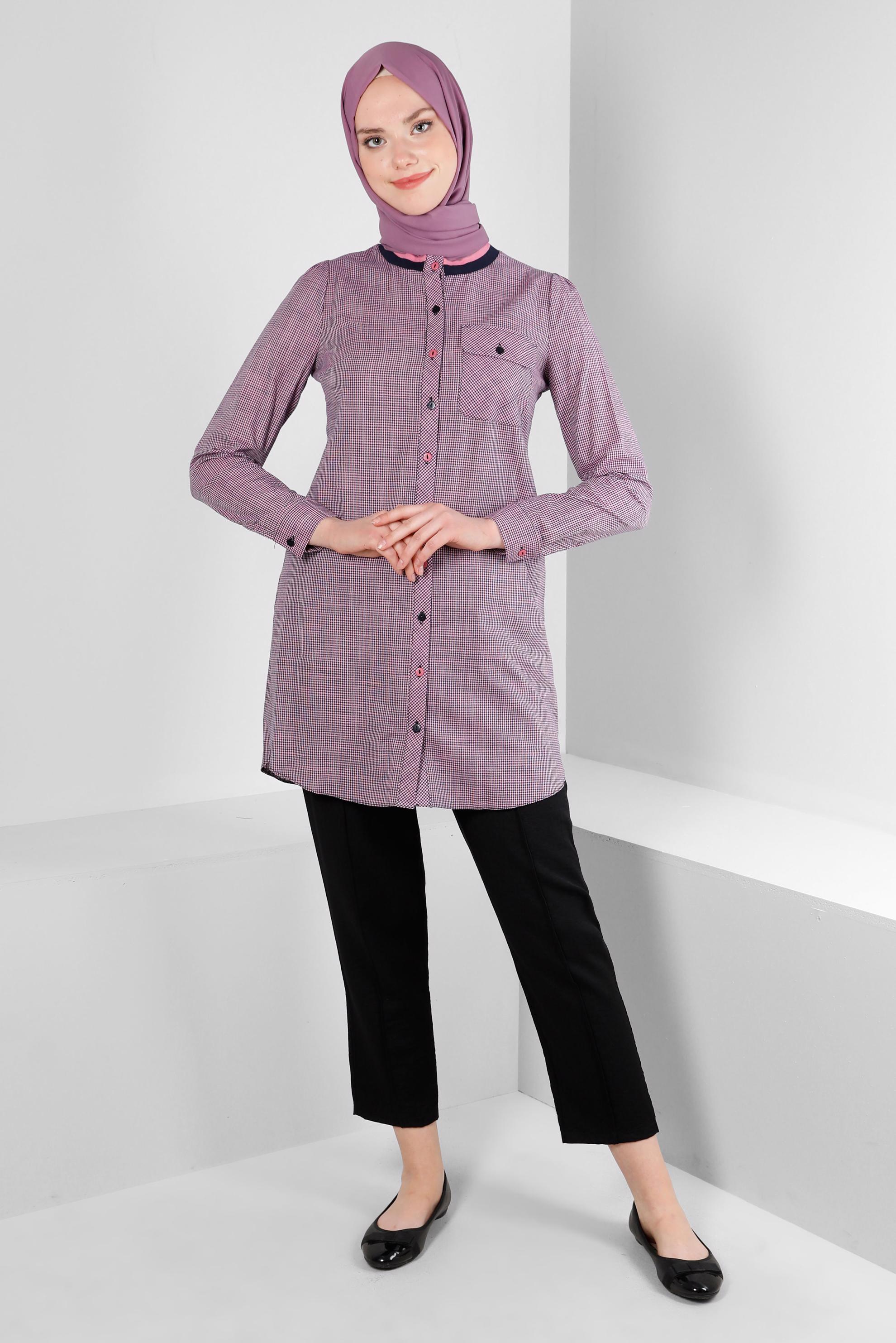 Tesettür giyim PEMBE PÖTİKARE DESENLİ YAKASI ŞERİTLİ GÖMLEK TUNİK 43706