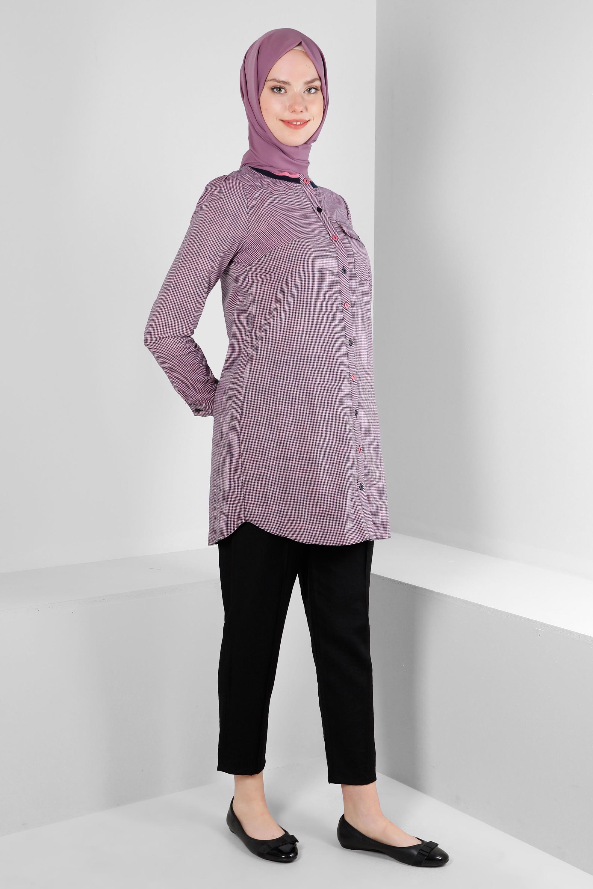 Tesettür giyim PEMBE PÖTİKARE DESENLİ YAKASI ŞERİTLİ GÖMLEK TUNİK 43706