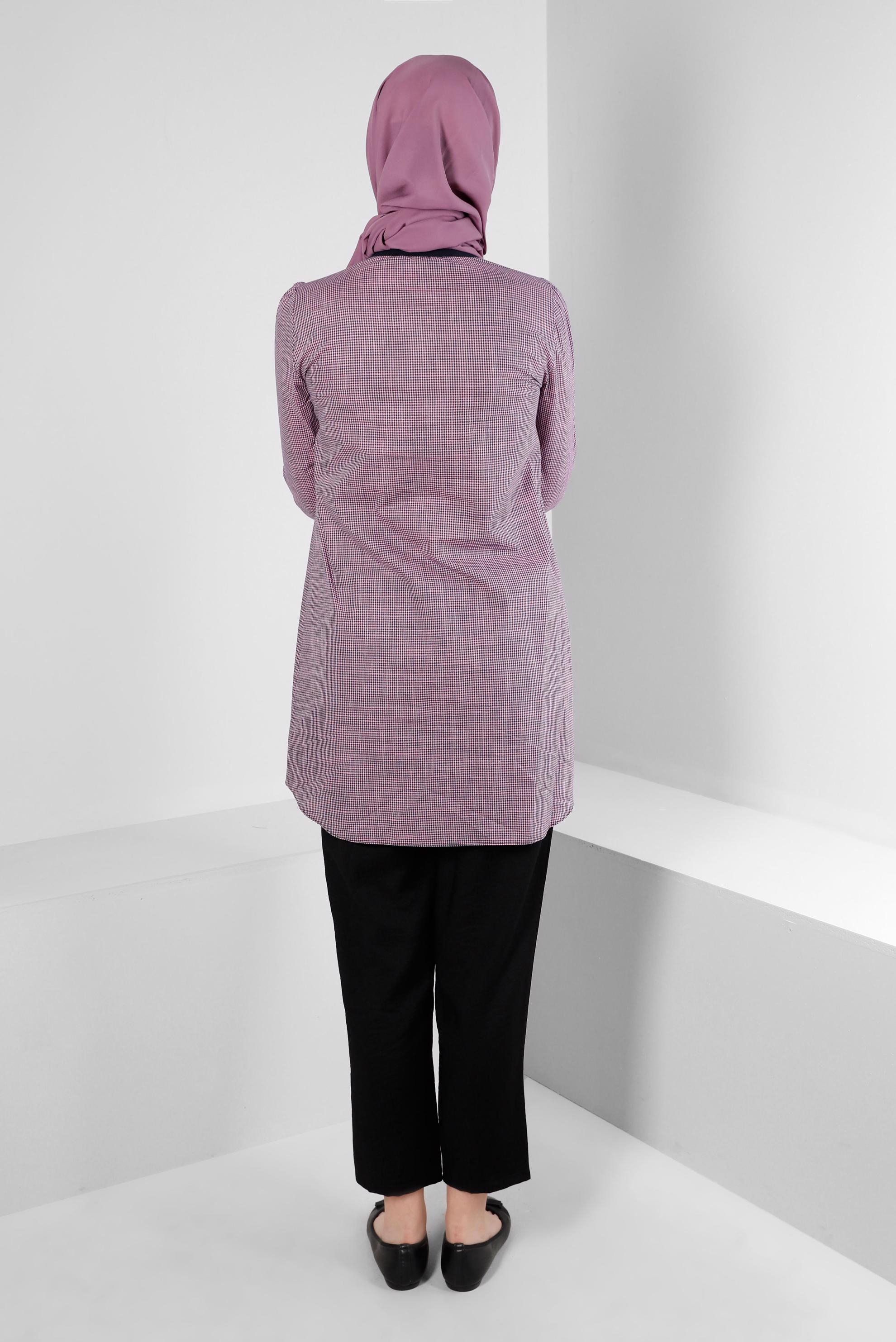 Tesettür giyim PEMBE PÖTİKARE DESENLİ YAKASI ŞERİTLİ GÖMLEK TUNİK 43706