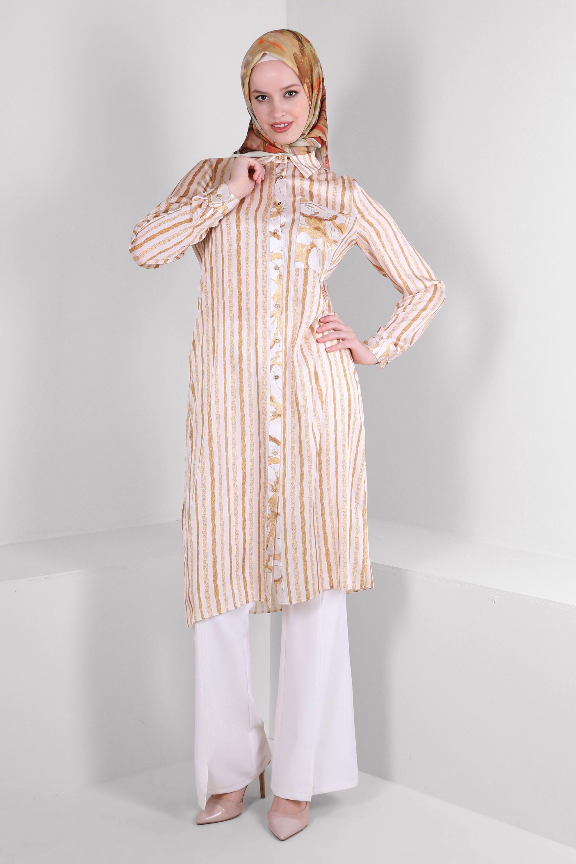 Tesettür giyim SARI ÇİZGİLİ DÜĞMELİ CEP DETAYLI TUNİK 43707 