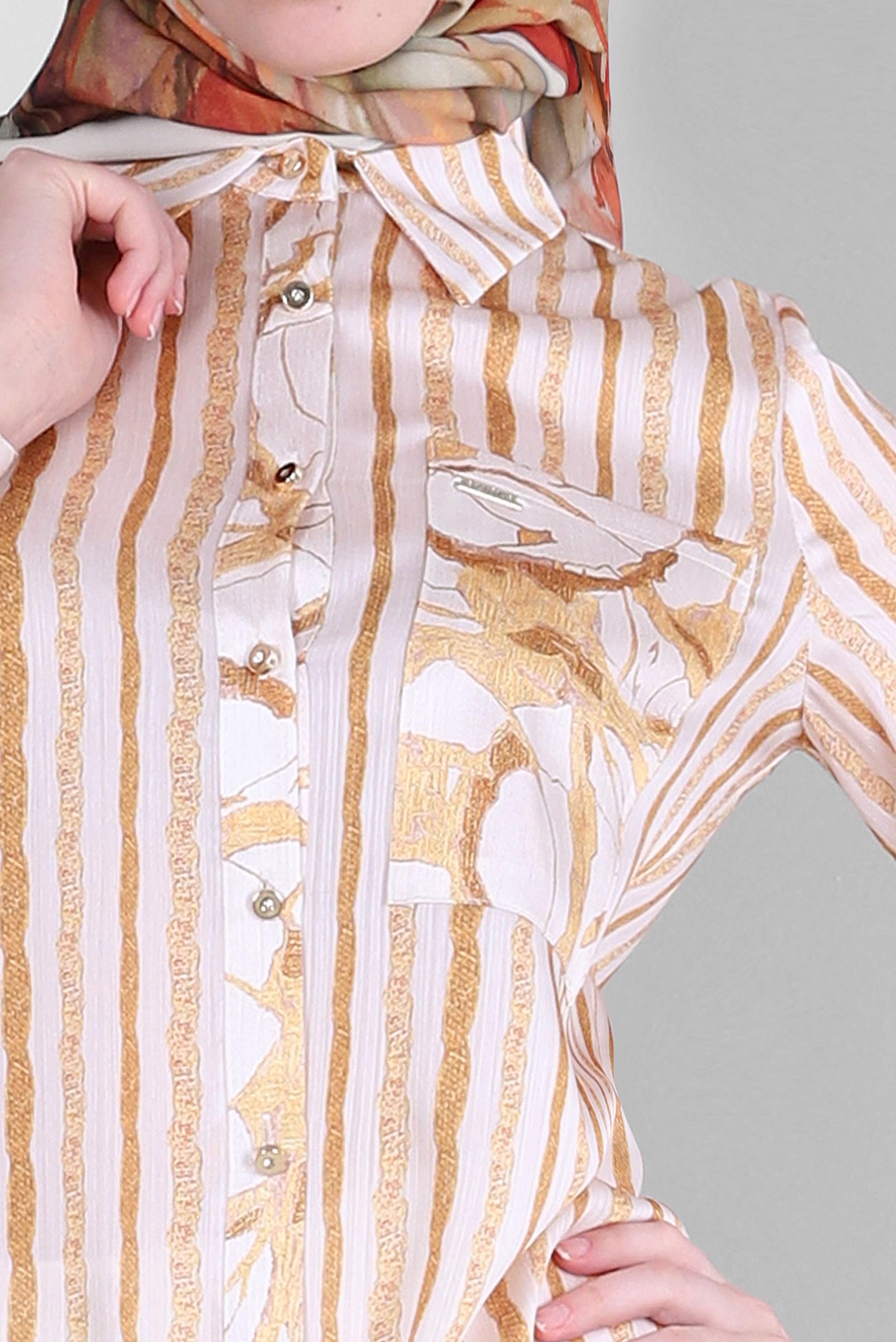 Tesettür giyim SARI ÇİZGİLİ DÜĞMELİ CEP DETAYLI TUNİK 43707 