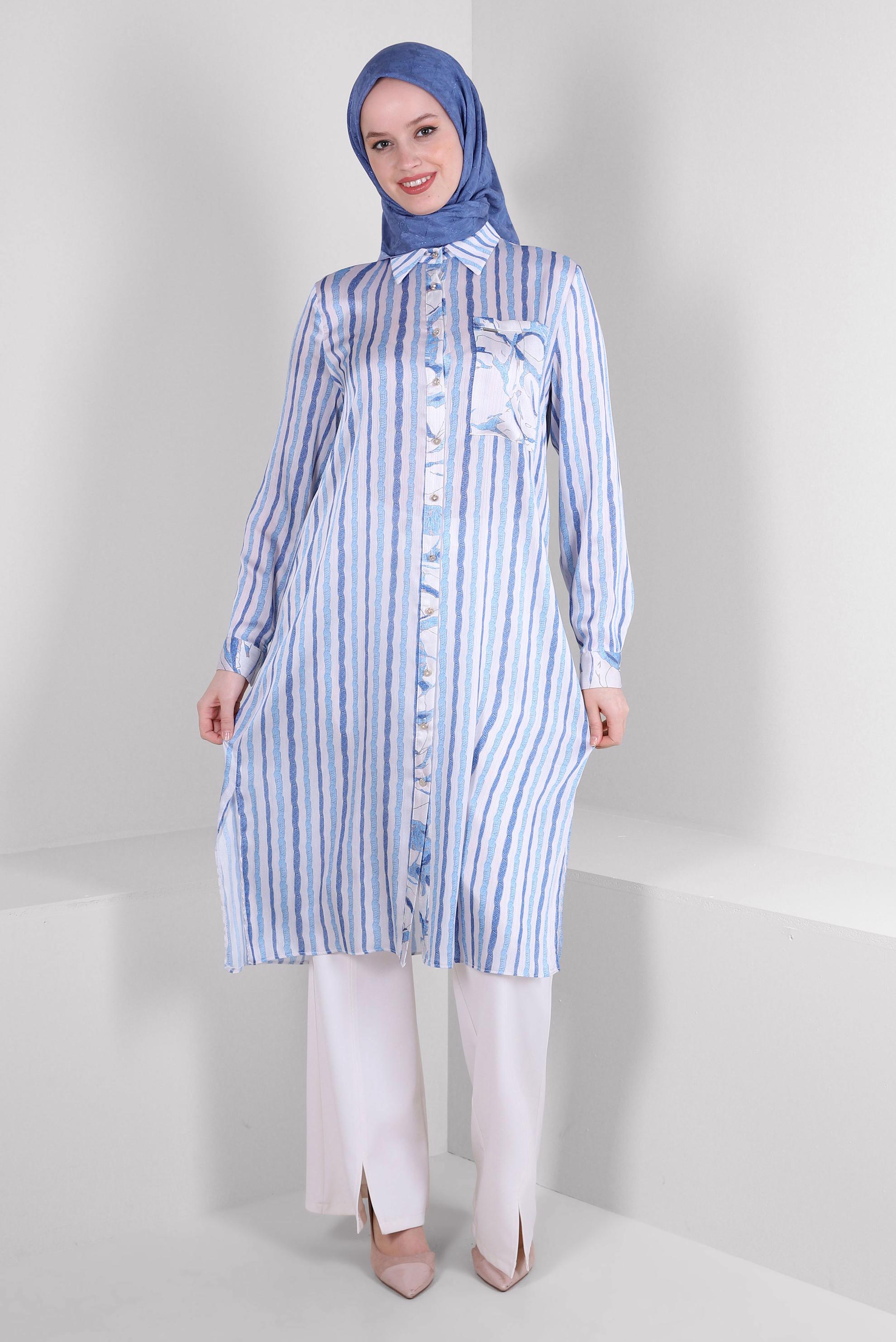 Tesettür giyim LACİVERT ÇİZGİLİ DÜĞMELİ CEP DETAYLI TUNİK 43707 