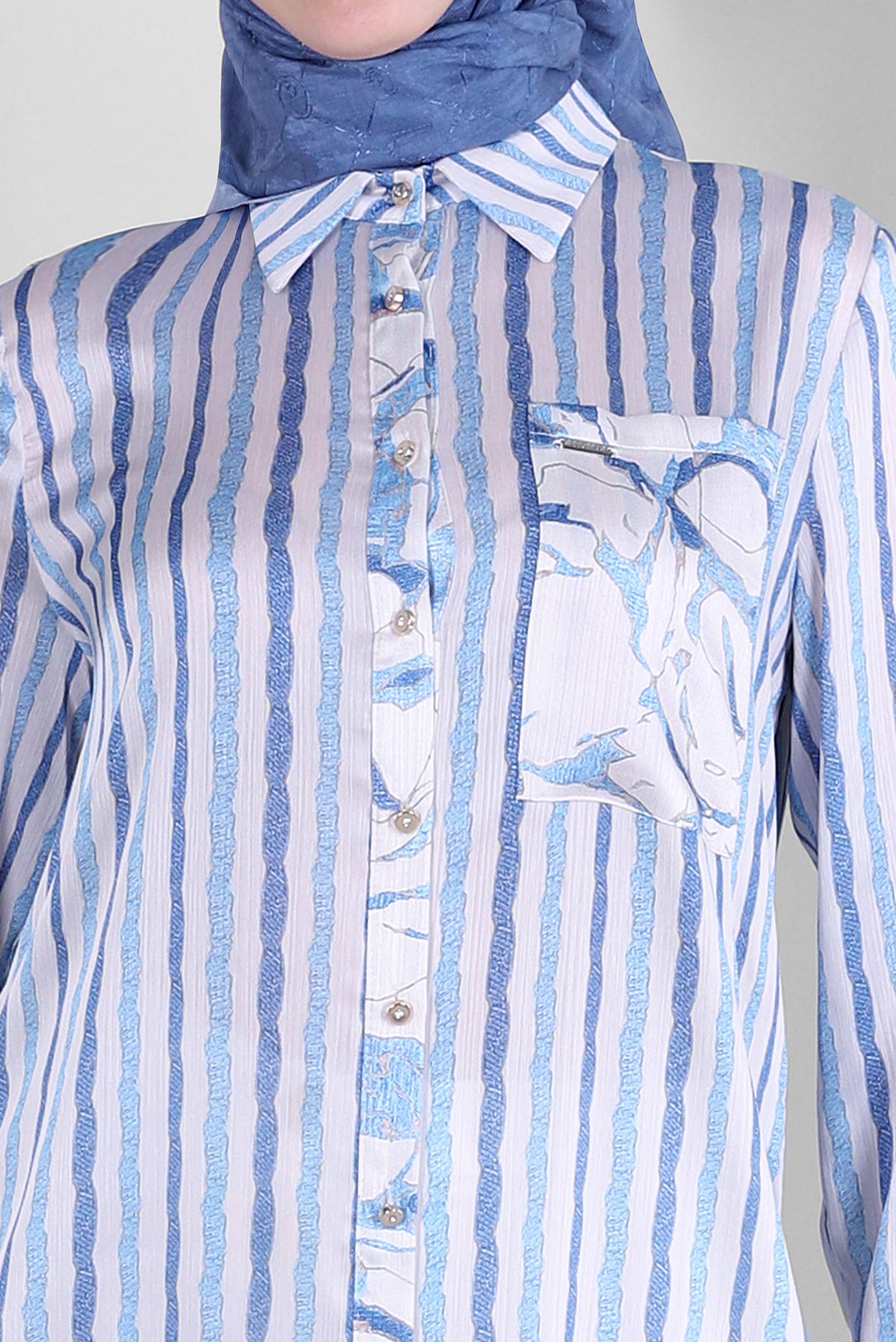 Tesettür giyim LACİVERT ÇİZGİLİ DÜĞMELİ CEP DETAYLI TUNİK 43707 