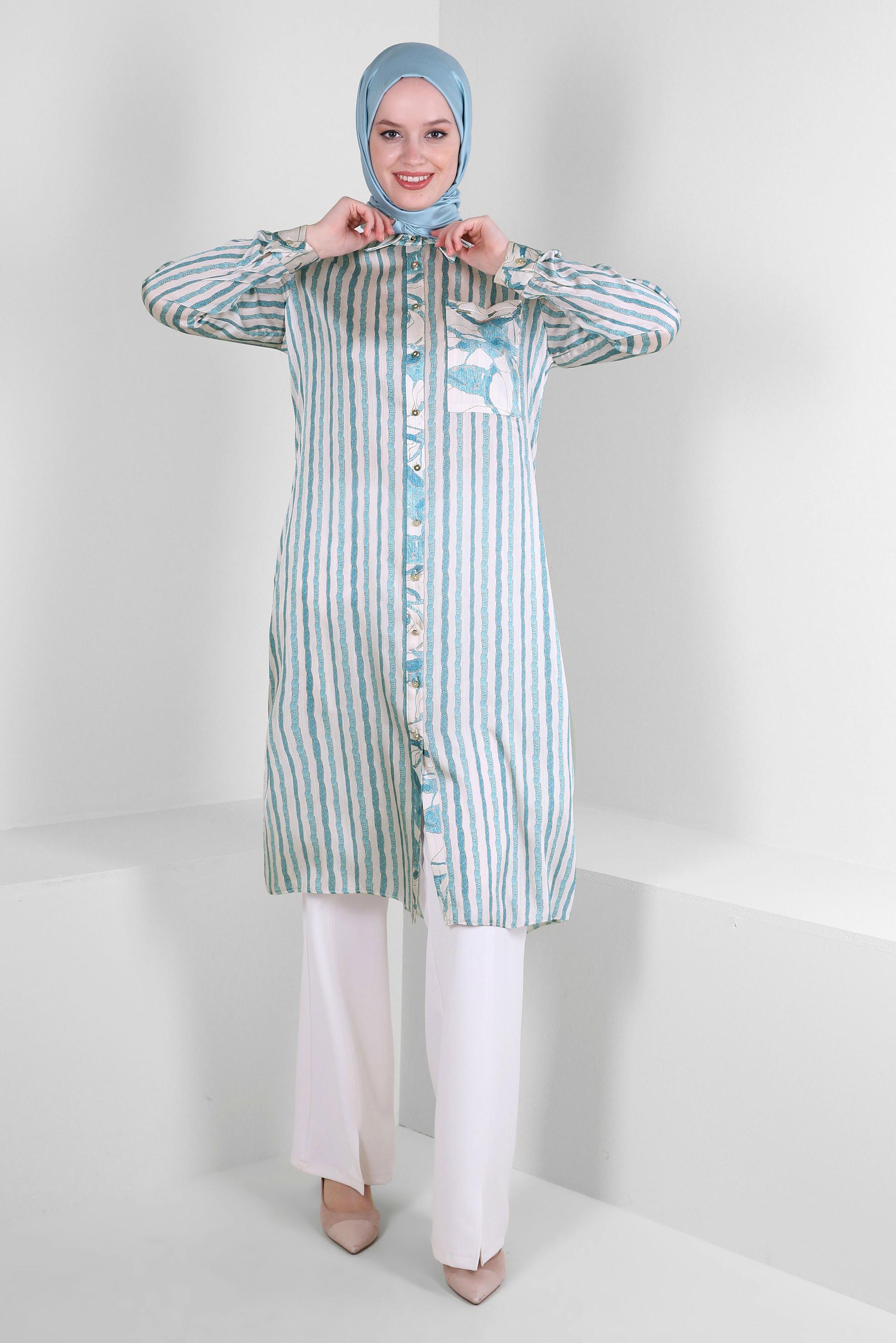 Tesettür giyim MAVİ ÇİZGİLİ DÜĞMELİ CEP DETAYLI TUNİK 43707 