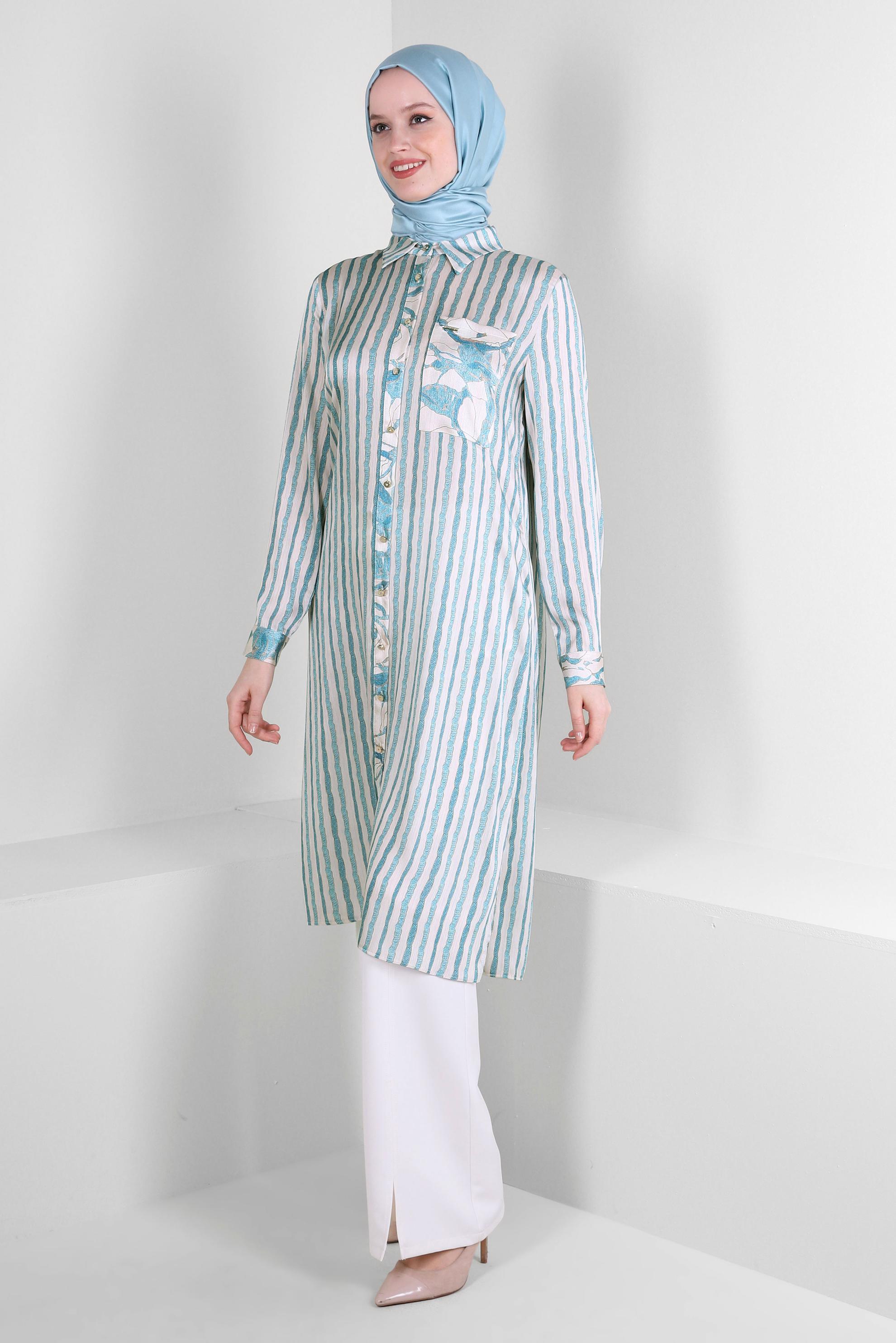 Tesettür giyim MAVİ ÇİZGİLİ DÜĞMELİ CEP DETAYLI TUNİK 43707 