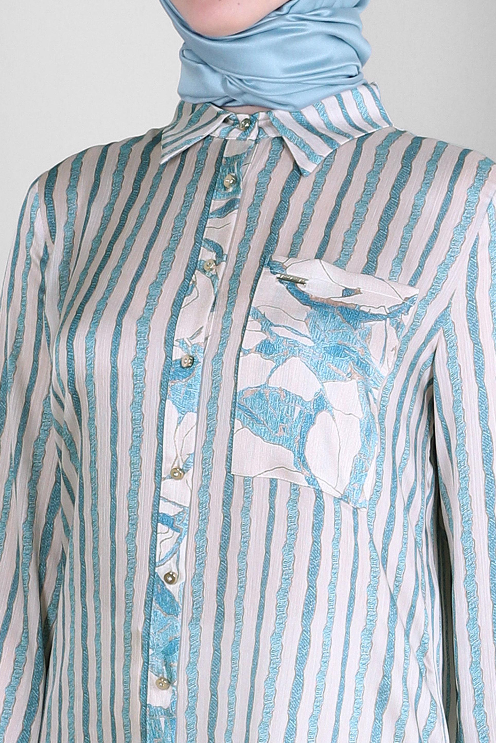 Tesettür giyim MAVİ ÇİZGİLİ DÜĞMELİ CEP DETAYLI TUNİK 43707 