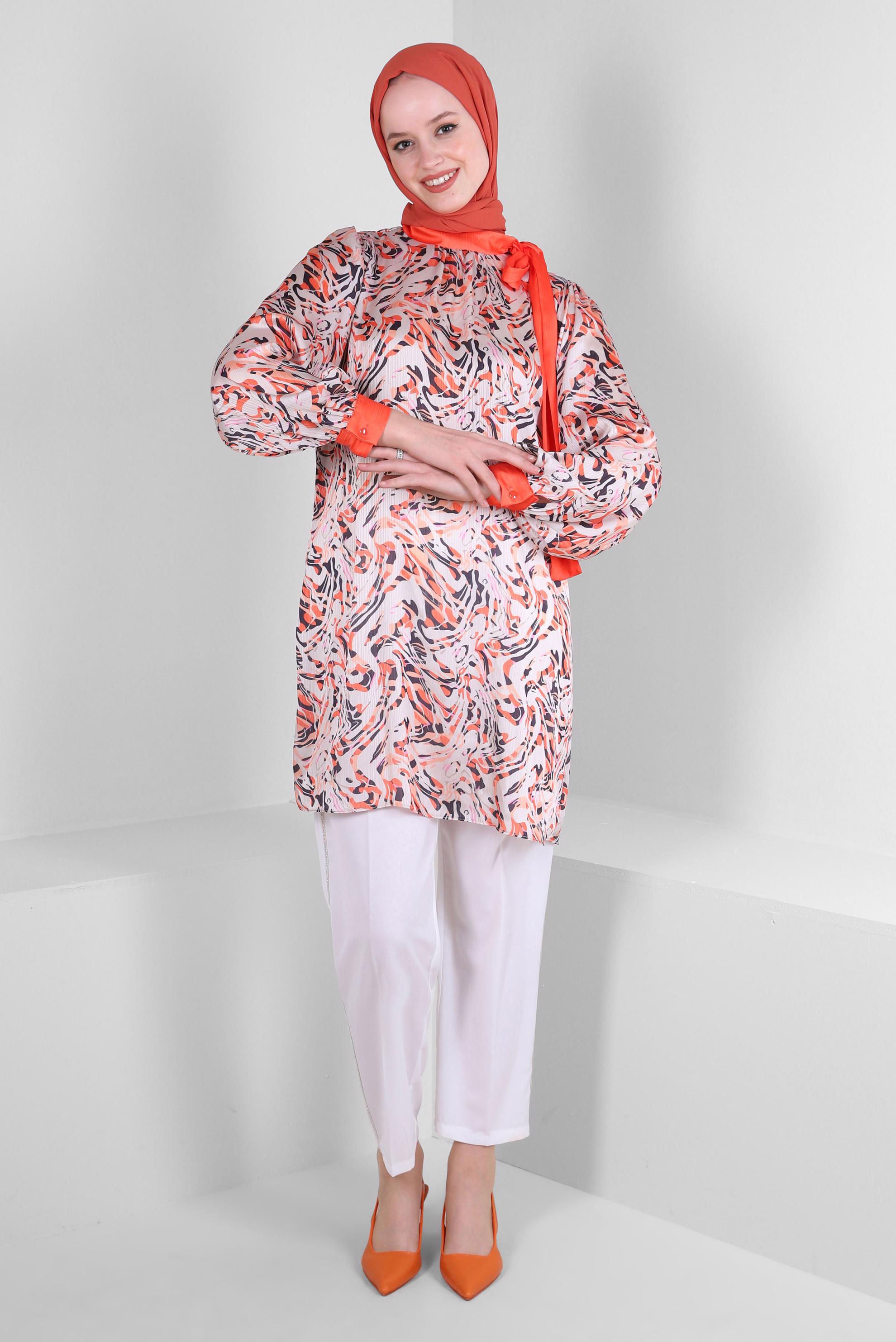 Tesettür giyim TURUNCU DESENLİ BAĞLAMA DETAYLI TUNİK 43710