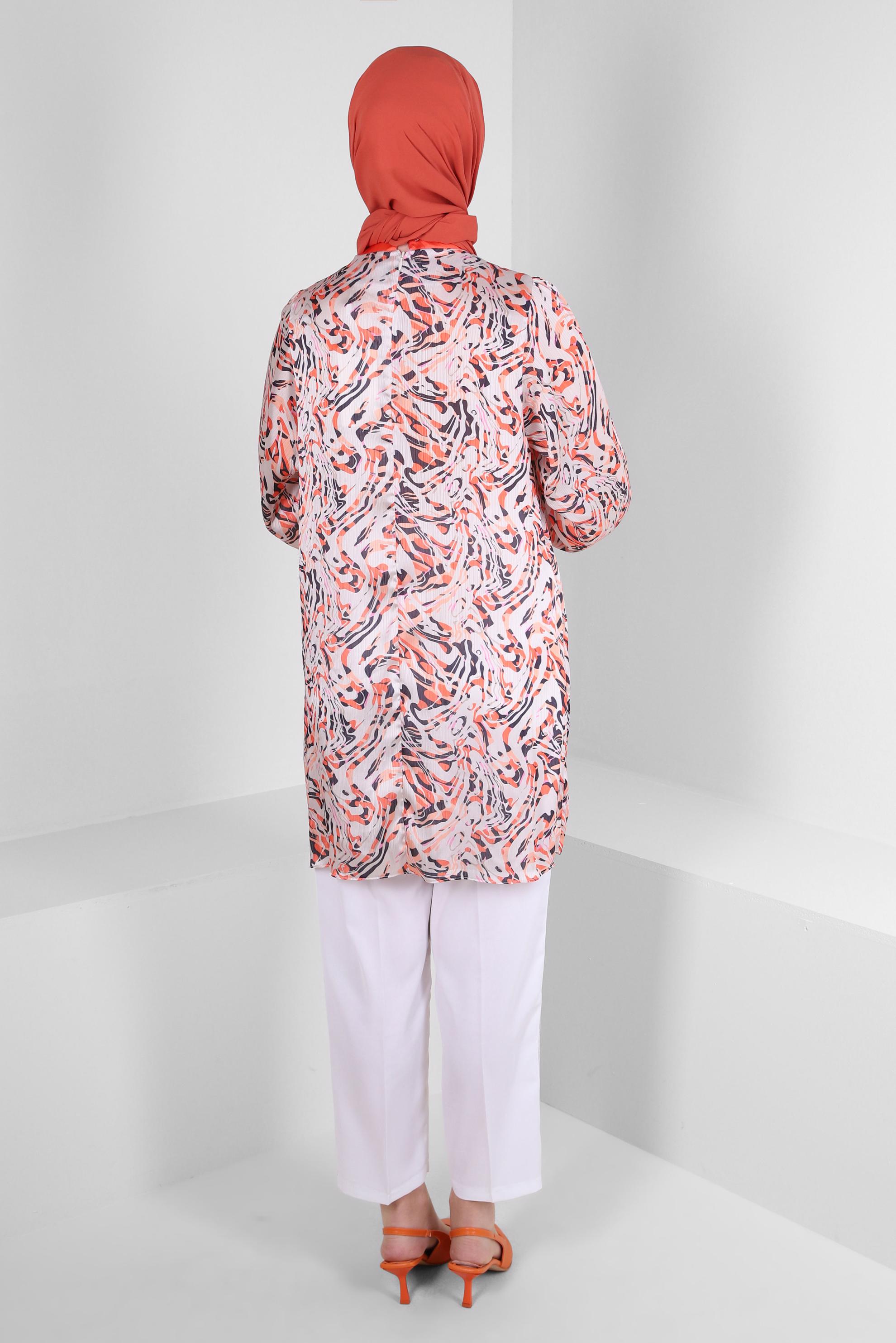 Tesettür giyim TURUNCU DESENLİ BAĞLAMA DETAYLI TUNİK 43710