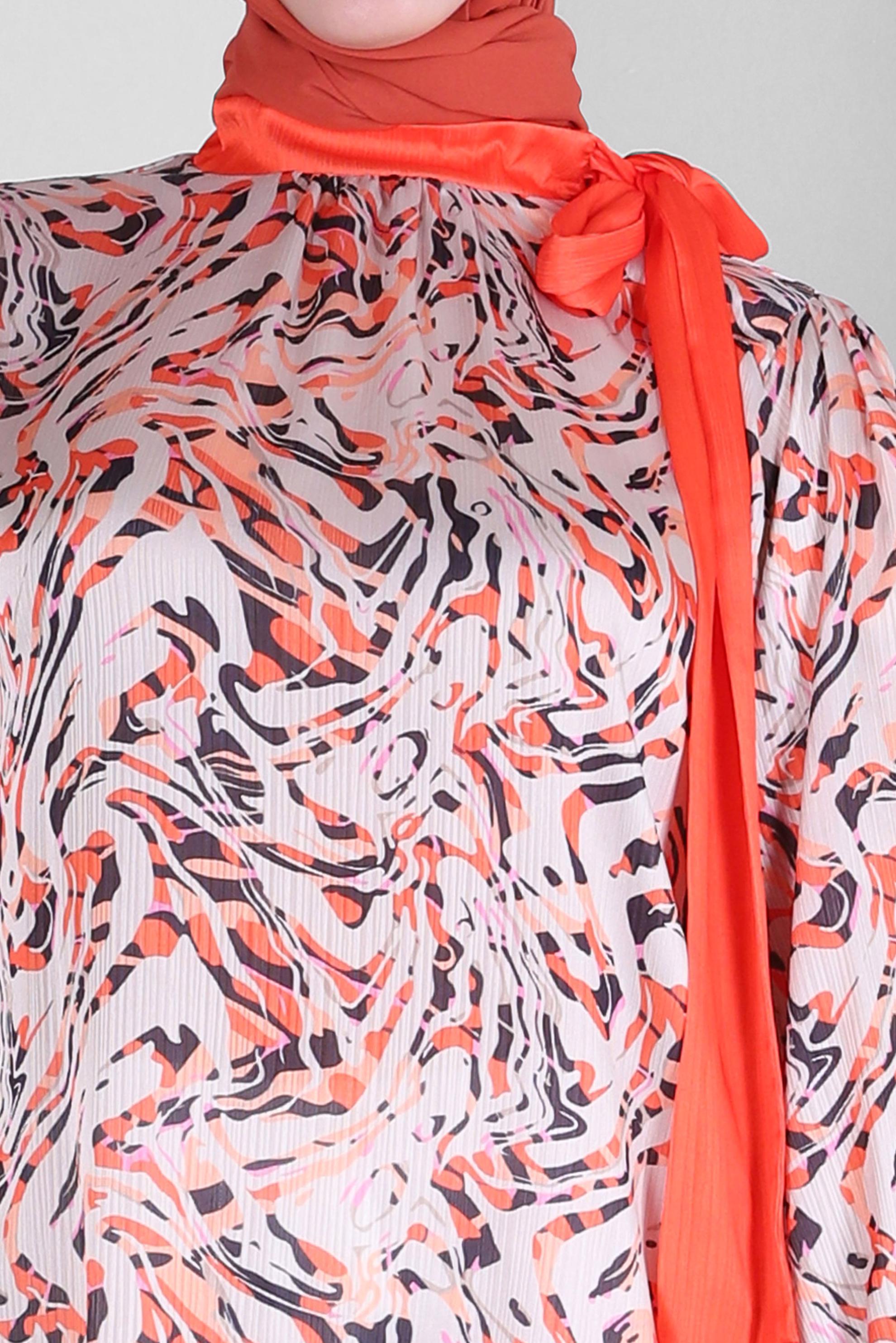 Tesettür giyim TURUNCU DESENLİ BAĞLAMA DETAYLI TUNİK 43710