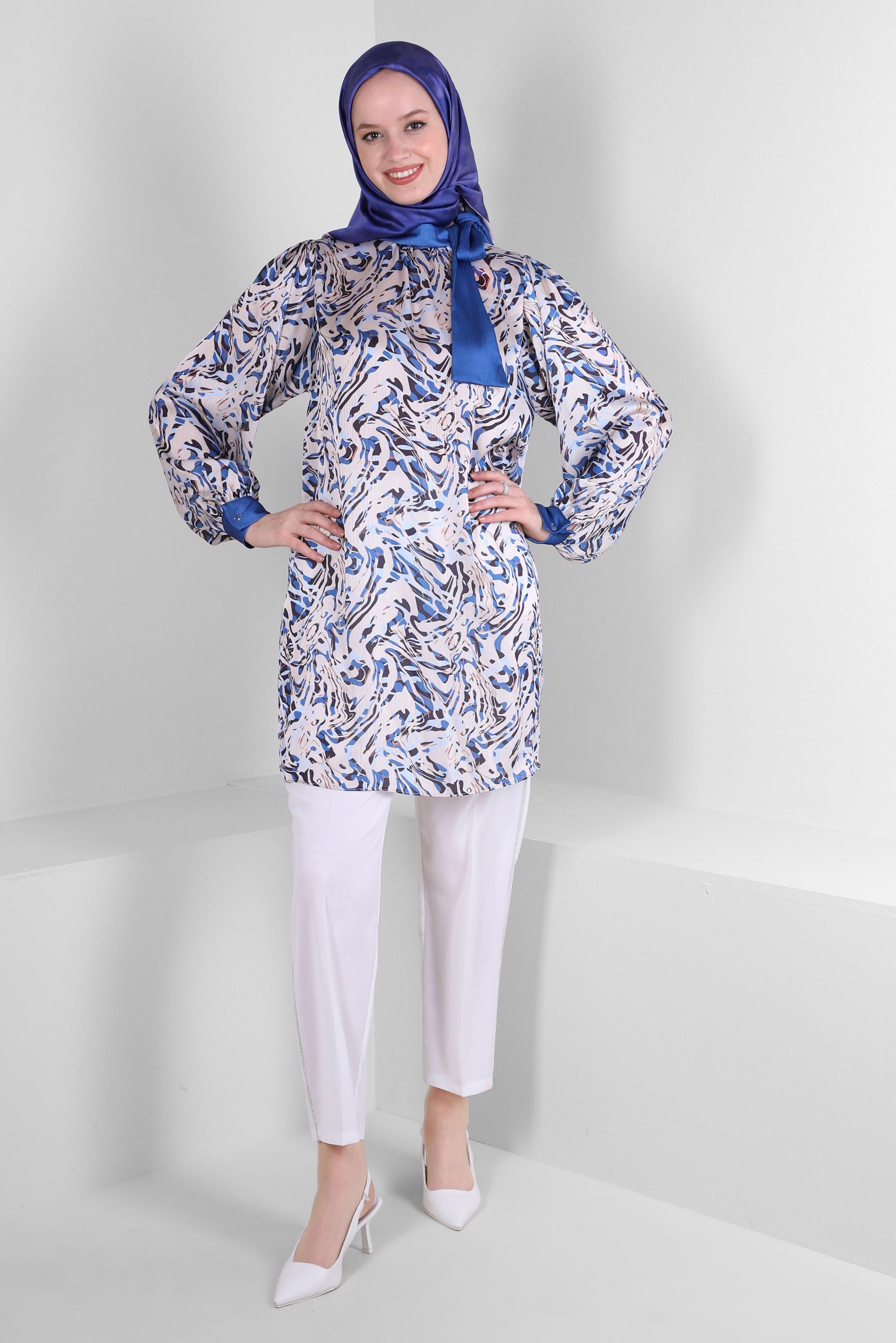 Tesettür giyim LACİVERT DESENLİ BAĞLAMA DETAYLI TUNİK 43710