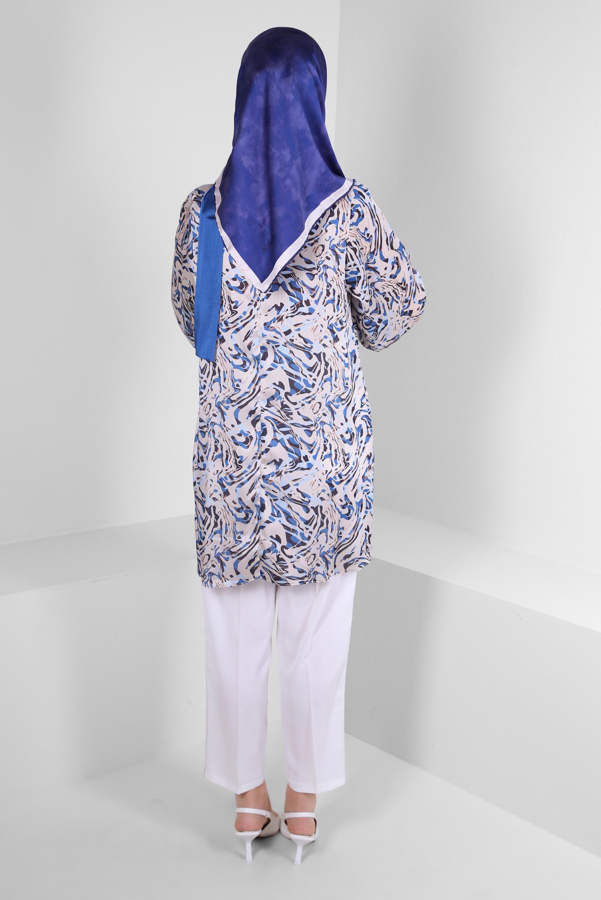 Tesettür giyim LACİVERT DESENLİ BAĞLAMA DETAYLI TUNİK 43710