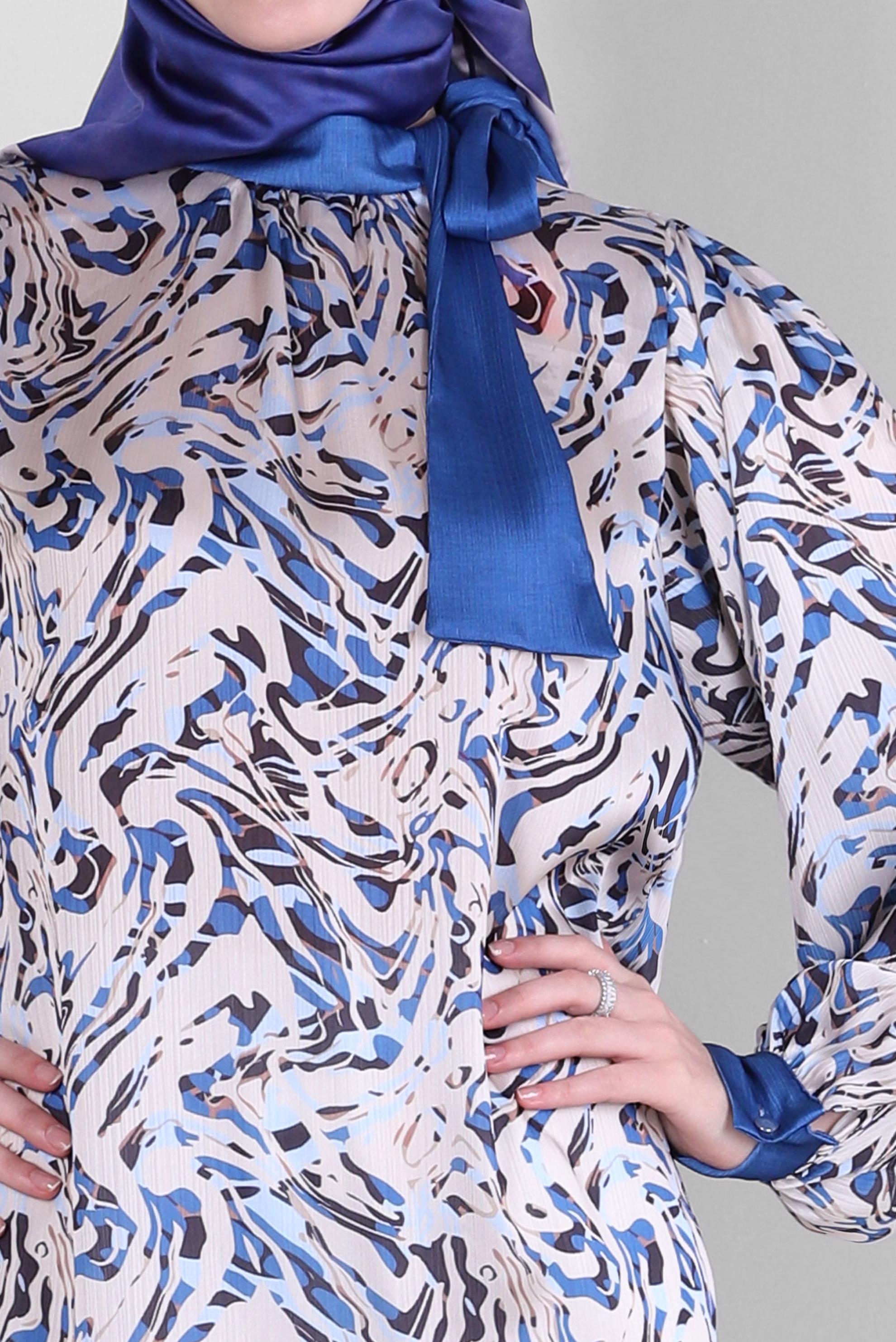 Tesettür giyim LACİVERT DESENLİ BAĞLAMA DETAYLI TUNİK 43710