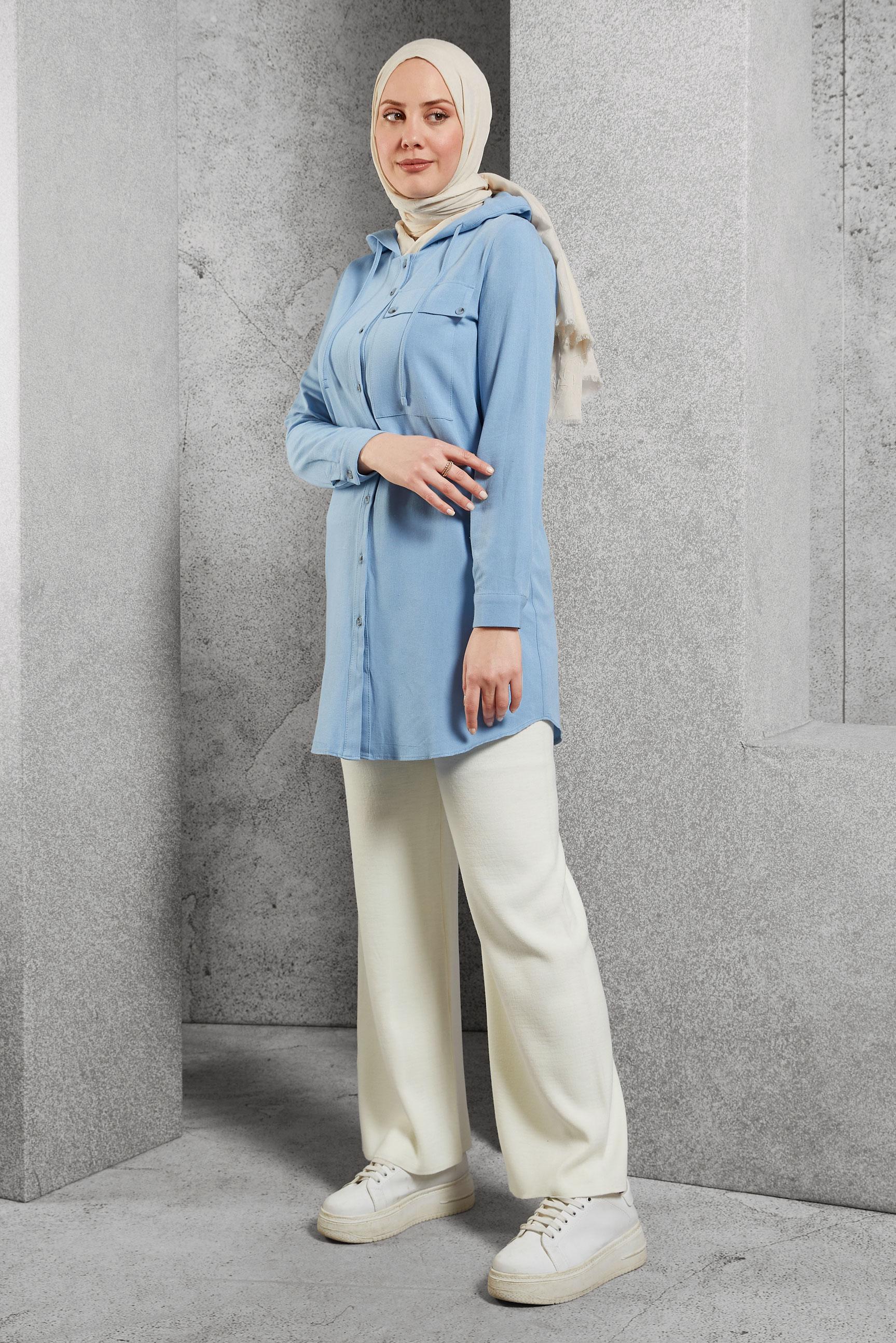 Tesettür giyim MAVİ KAPÜŞONLU KETEN TUNİK 43715