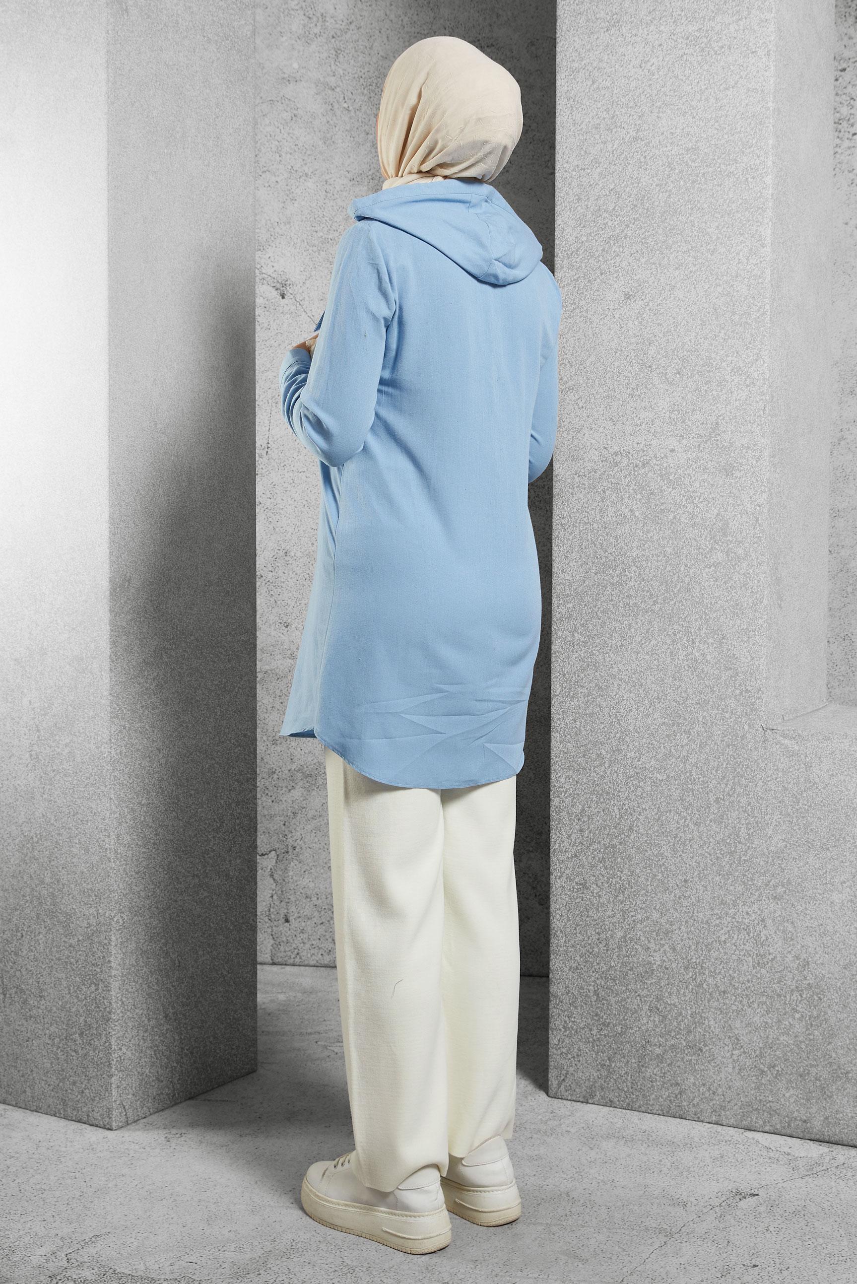 Tesettür giyim MAVİ KAPÜŞONLU KETEN TUNİK 43715