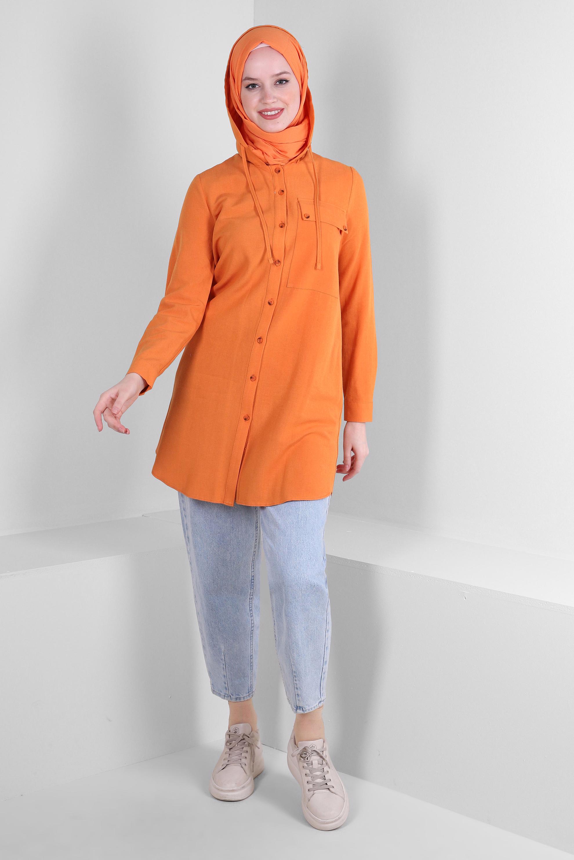 Tesettür giyim TURUNCU KAPÜŞONLU KETEN TUNİK 43715