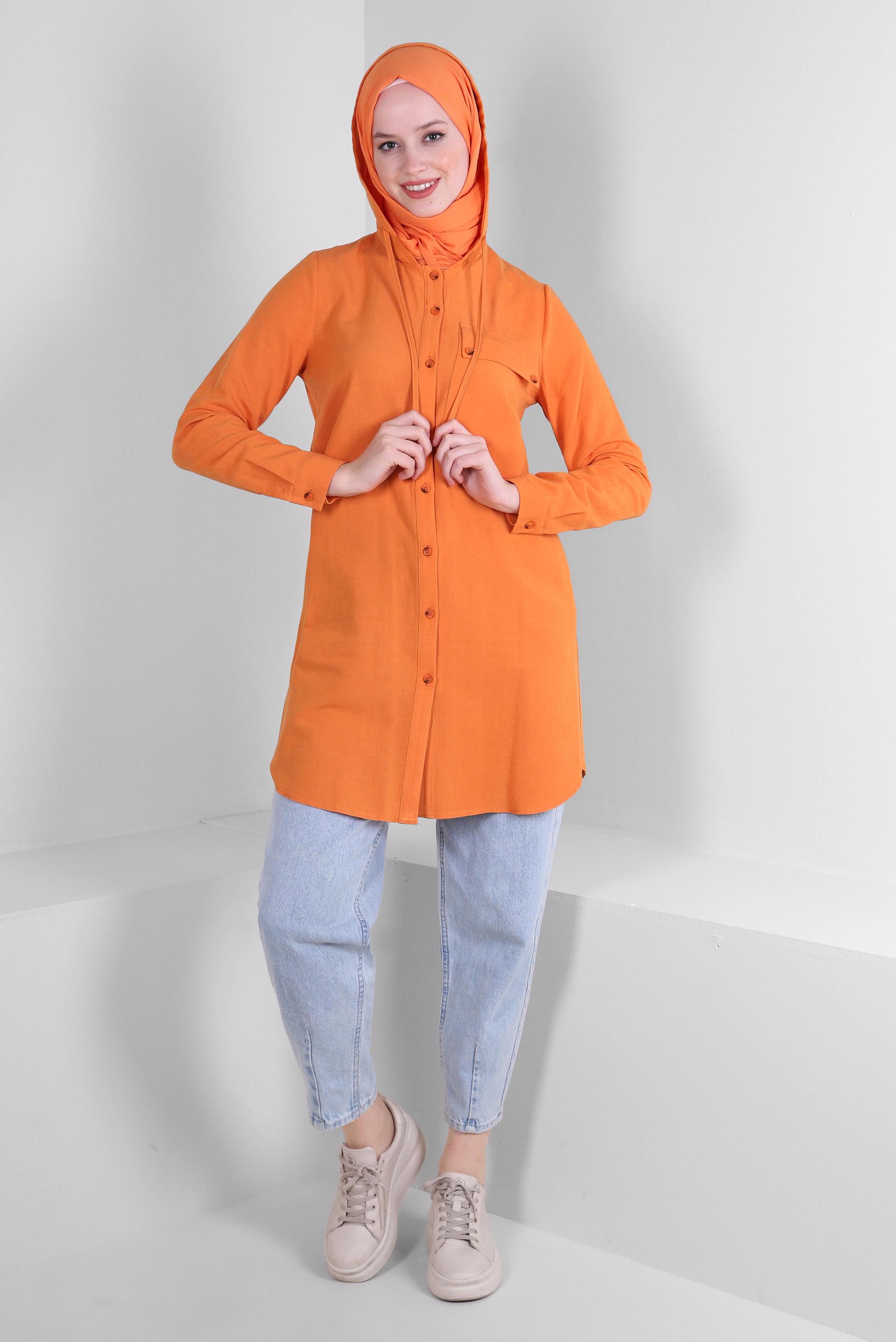 Tesettür giyim TURUNCU KAPÜŞONLU KETEN TUNİK 43715