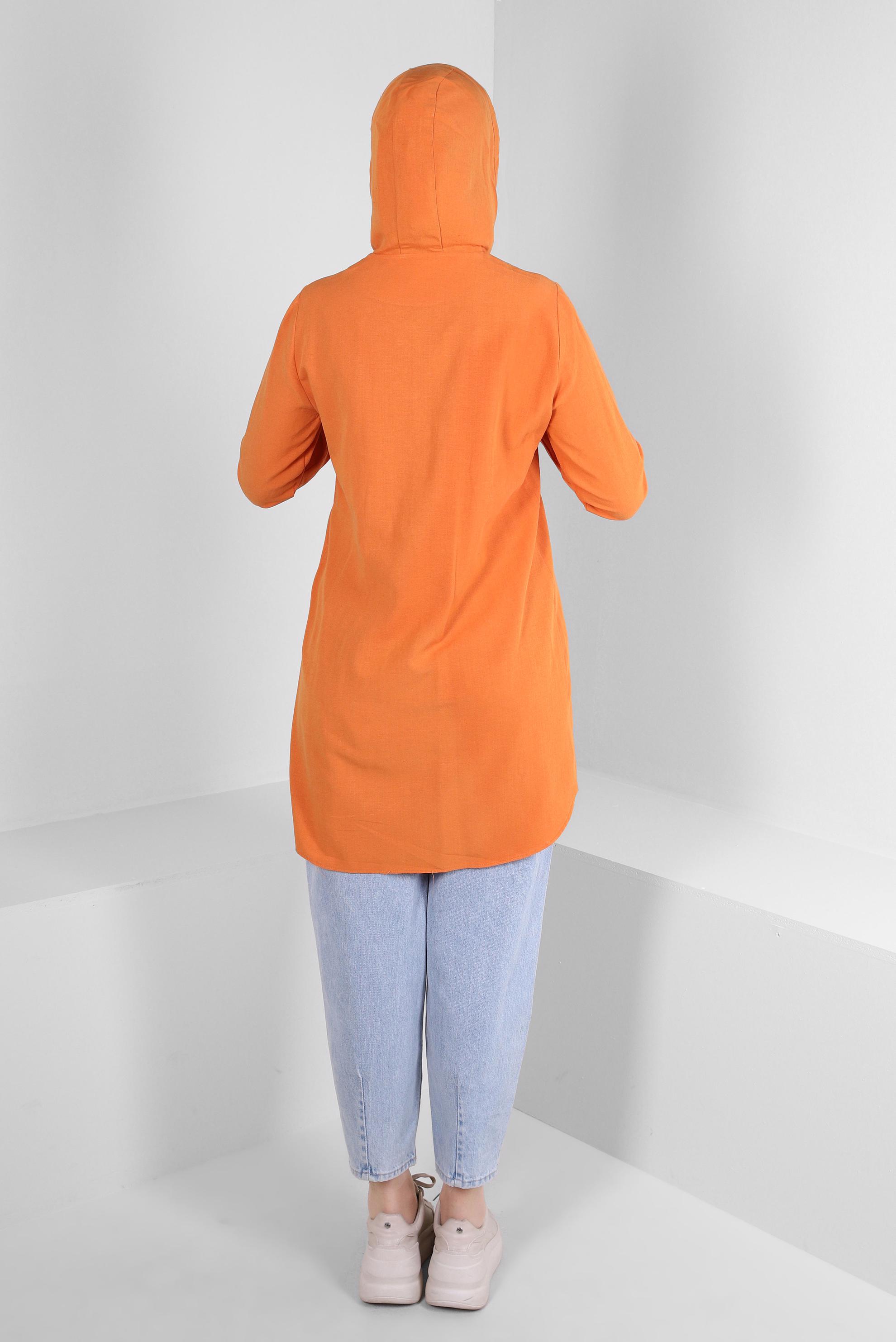 Tesettür giyim TURUNCU KAPÜŞONLU KETEN TUNİK 43715