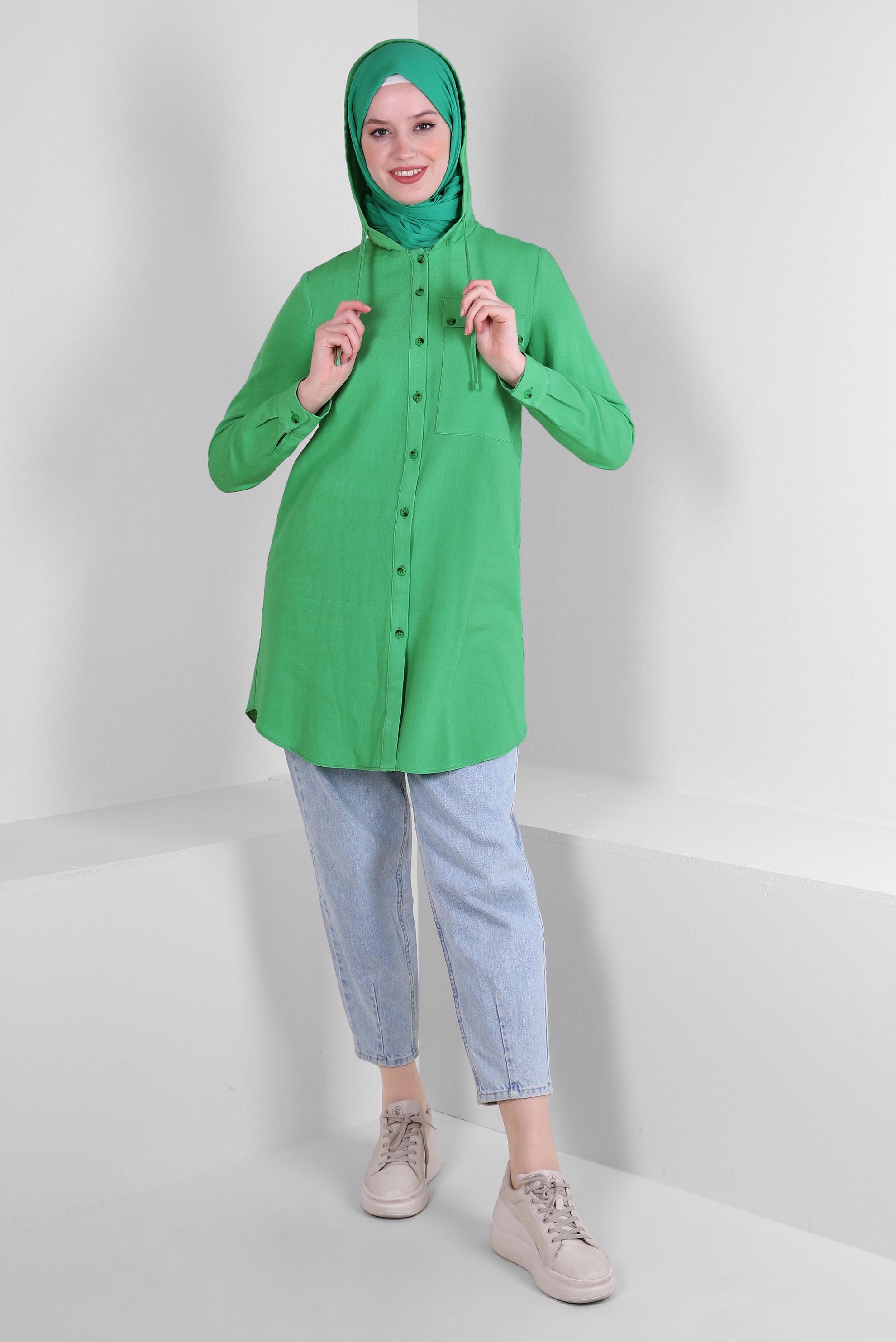 Tesettür giyim YEŞİL KAPÜŞONLU KETEN TUNİK 43715
