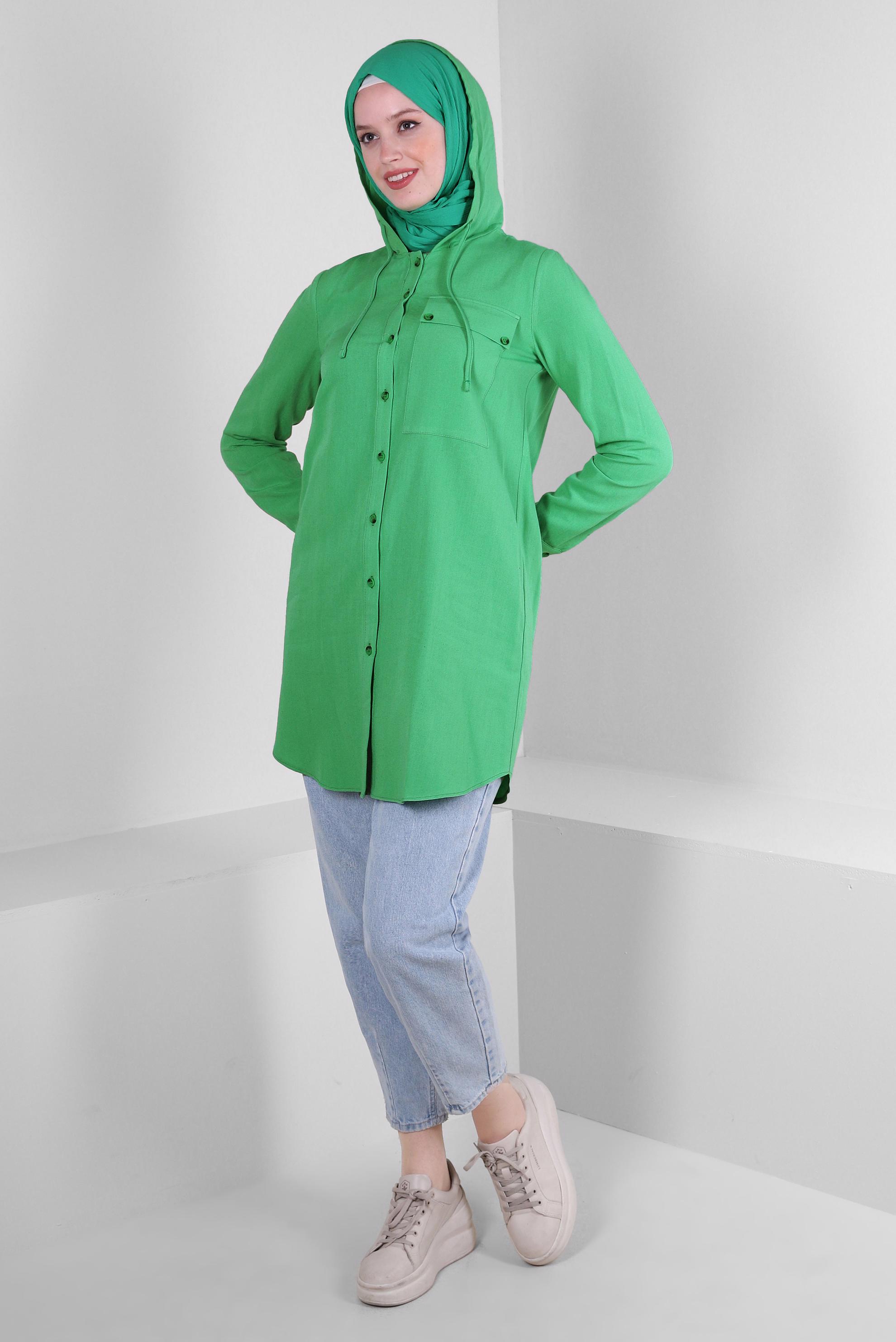 Tesettür giyim YEŞİL KAPÜŞONLU KETEN TUNİK 43715