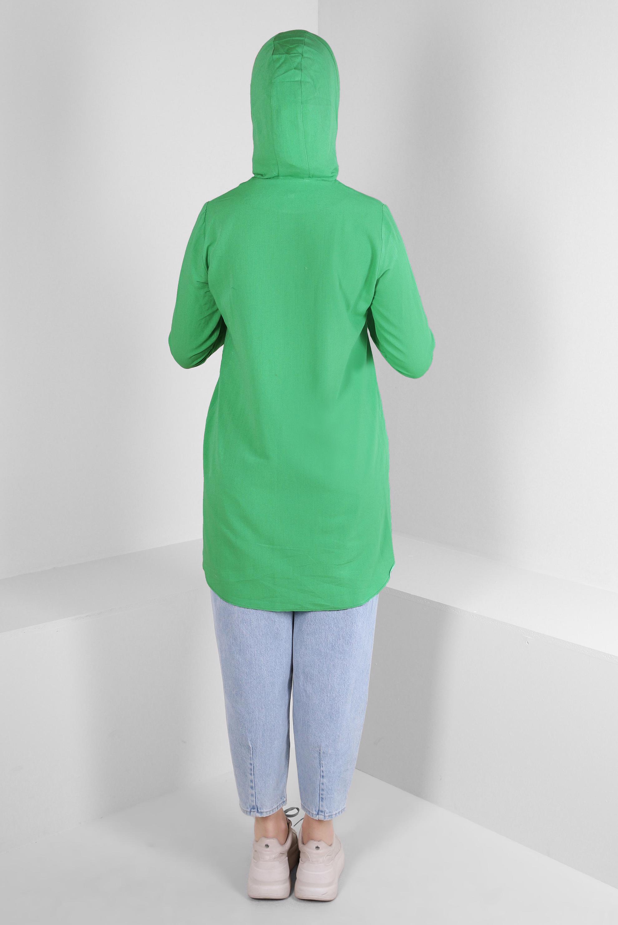 Tesettür giyim YEŞİL KAPÜŞONLU KETEN TUNİK 43715