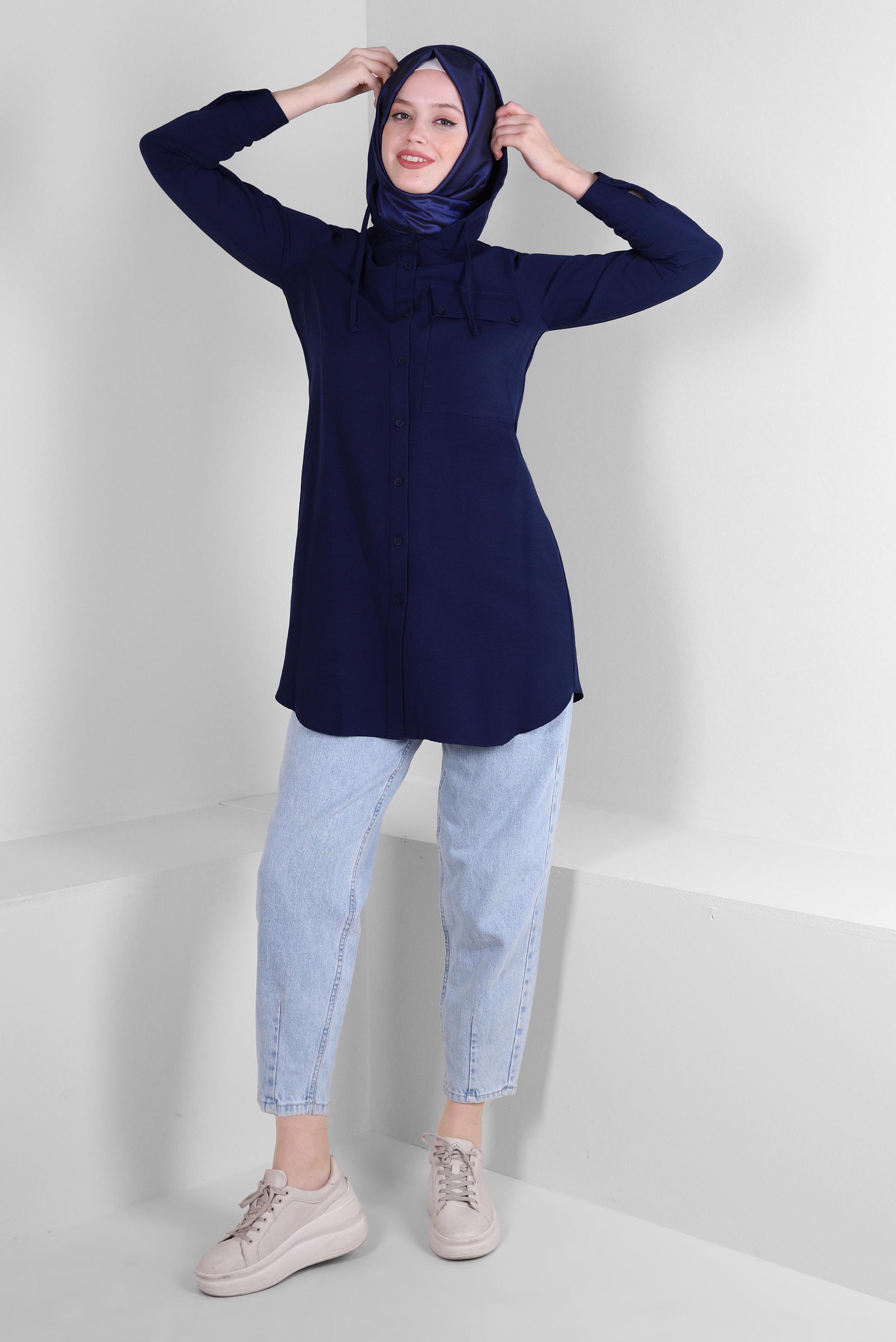 Tesettür giyim LACİVERT KAPÜŞONLU KETEN TUNİK 43715