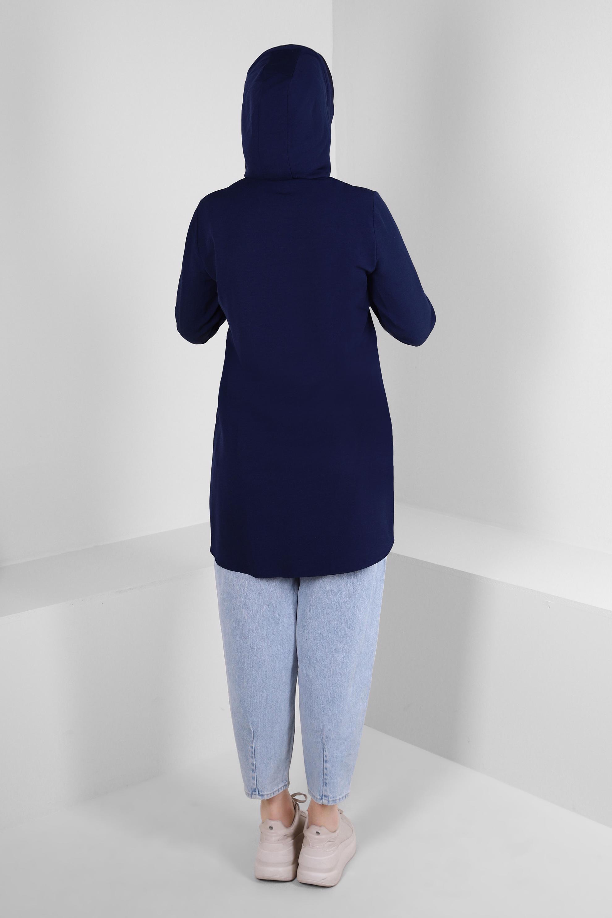 Tesettür giyim LACİVERT KAPÜŞONLU KETEN TUNİK 43715