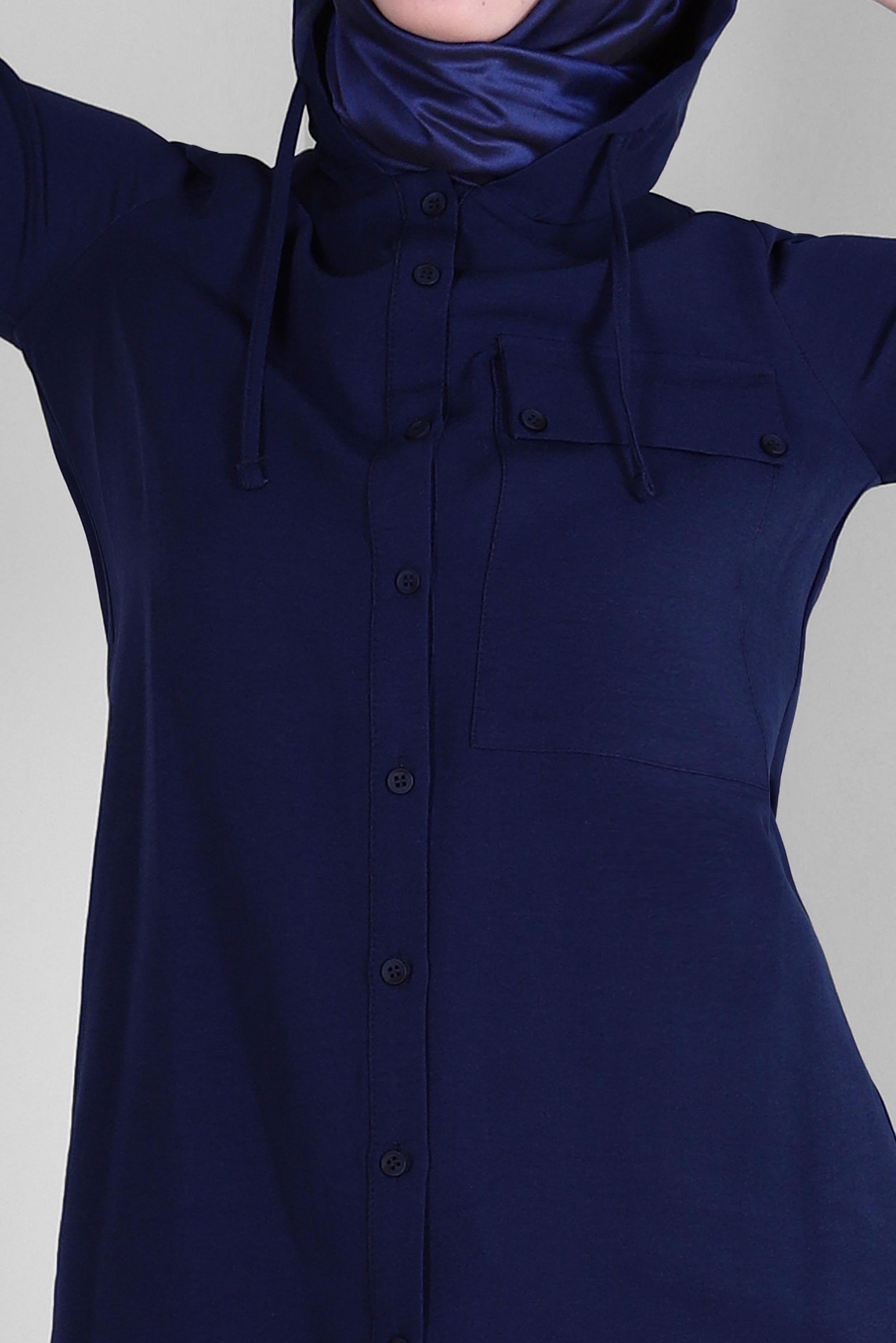 Tesettür giyim LACİVERT KAPÜŞONLU KETEN TUNİK 43715