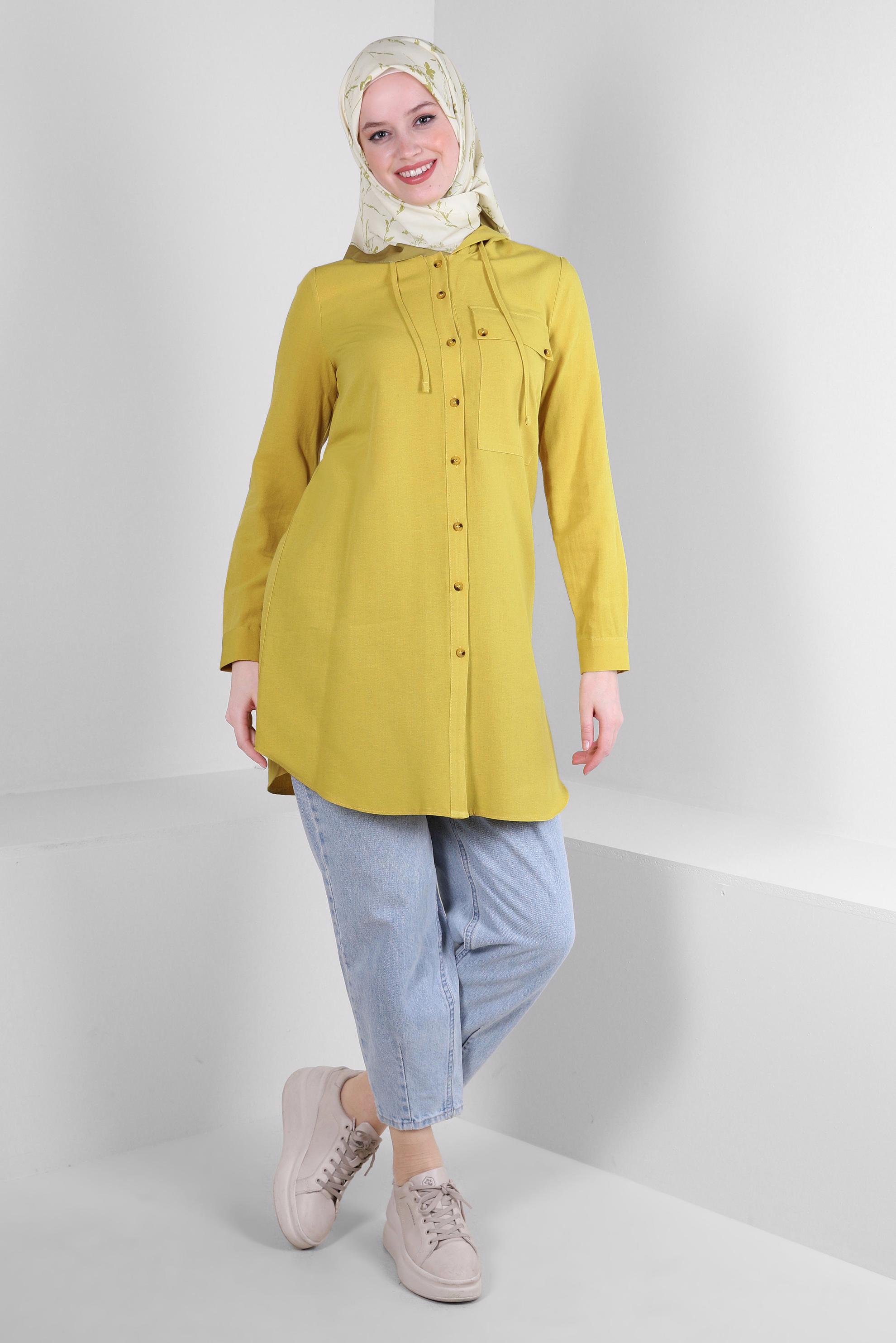 Tesettür giyim YEŞİL KAPÜŞONLU KETEN TUNİK 43715