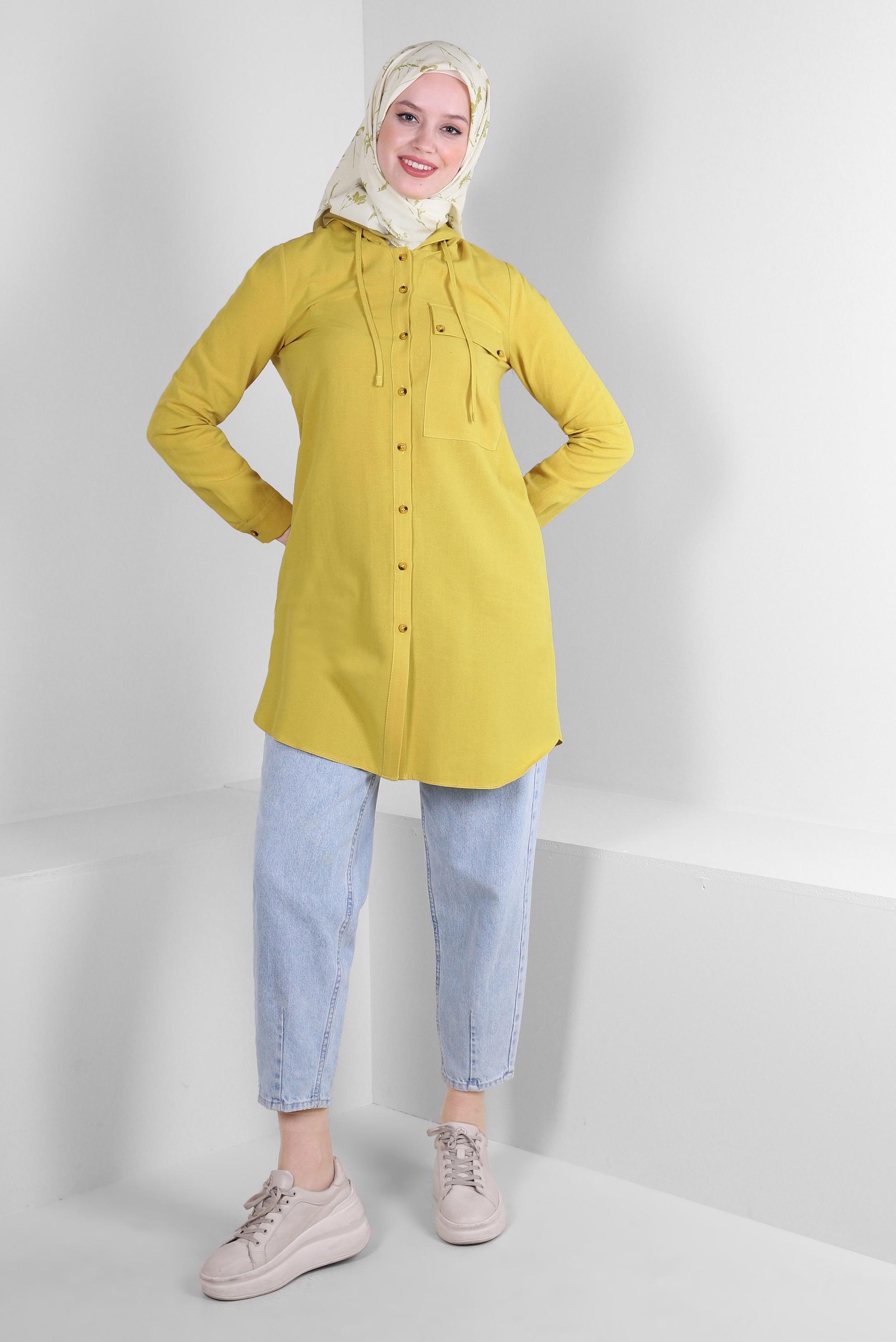 Tesettür giyim YEŞİL KAPÜŞONLU KETEN TUNİK 43715