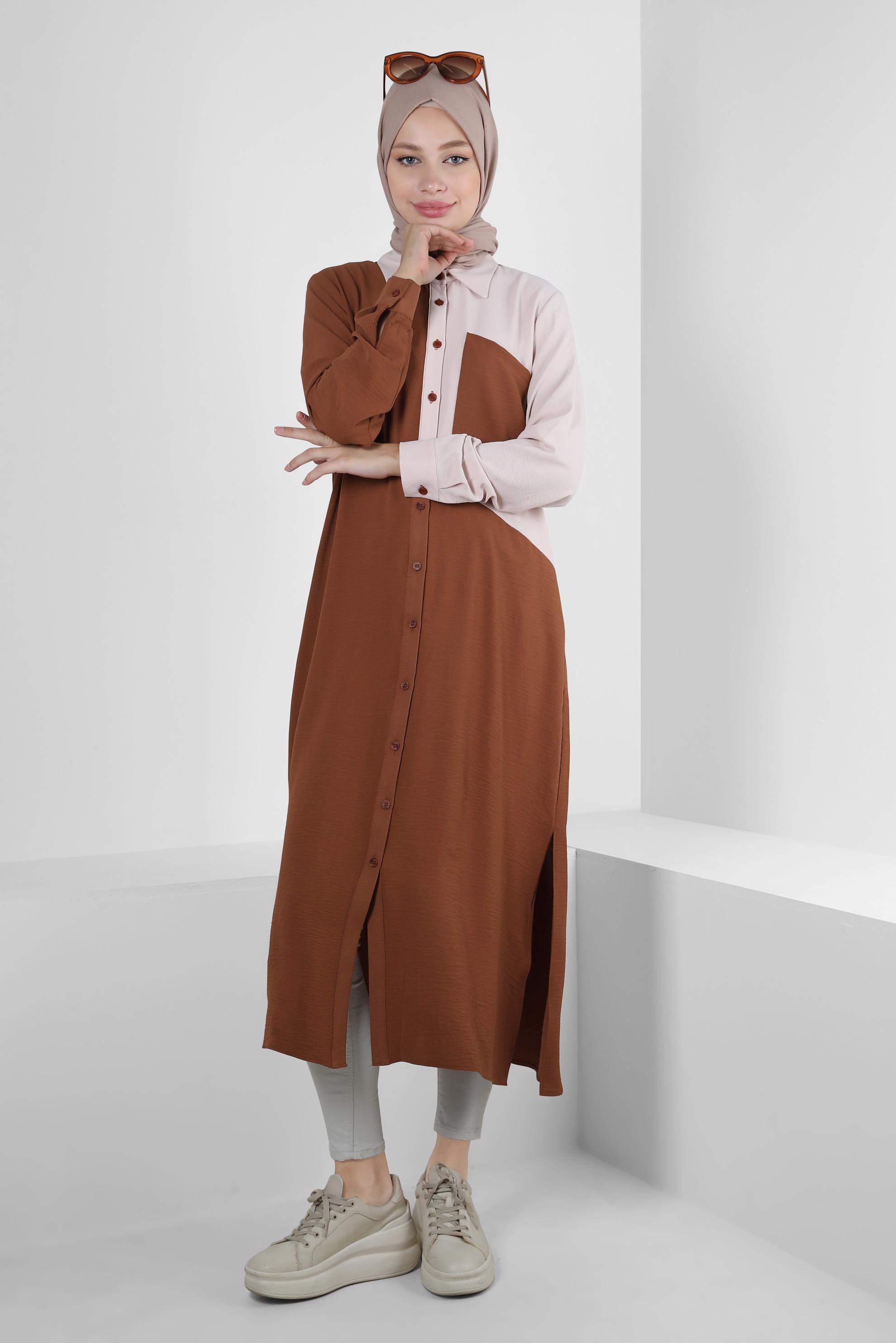 Tesettür giyim TURUNCU YANI YIRTMAÇLI İKİ RENKLİ DÜĞMELİ TUNİK 43730