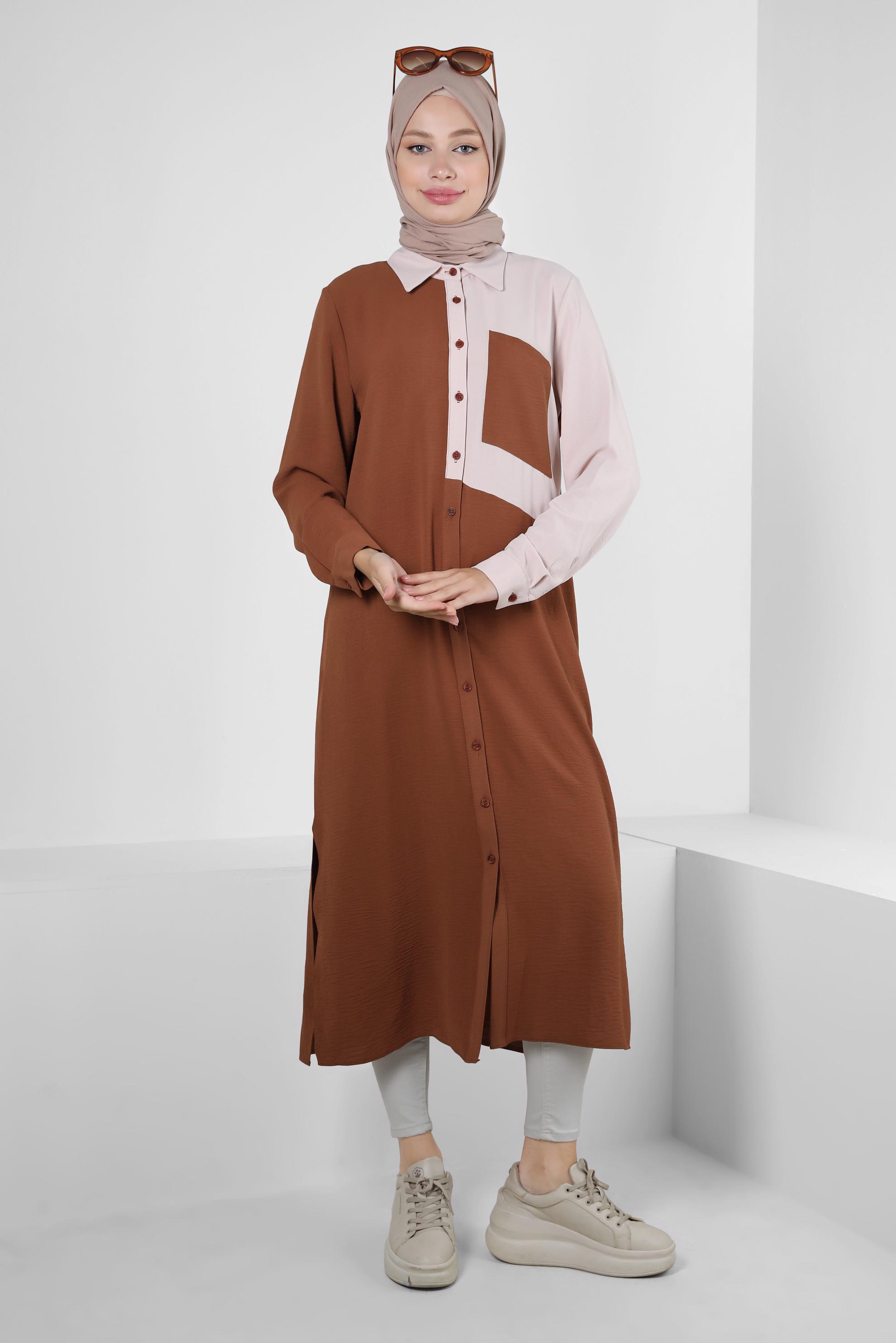 Tesettür giyim TURUNCU YANI YIRTMAÇLI İKİ RENKLİ DÜĞMELİ TUNİK 43730