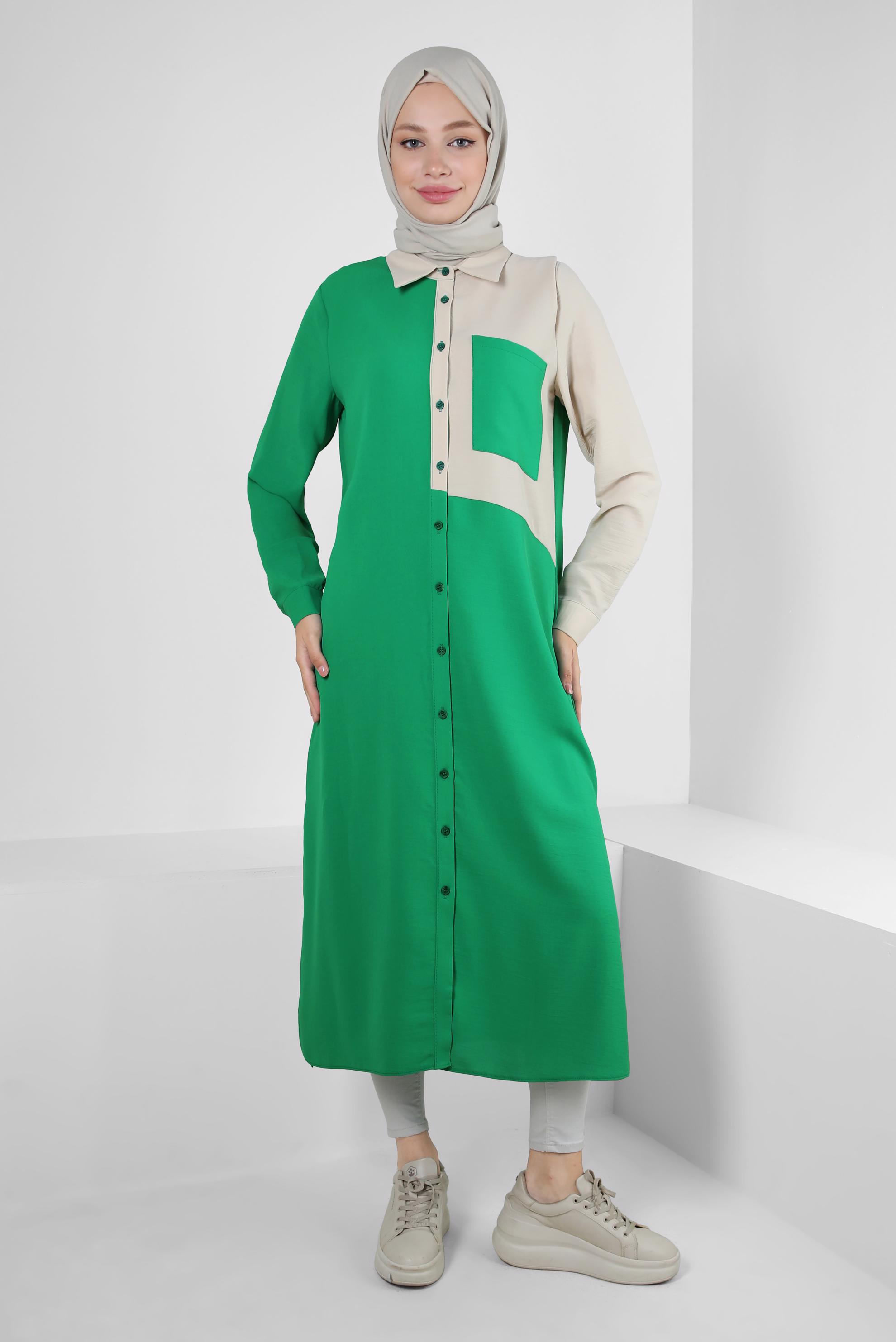 Tesettür giyim YEŞİL YANI YIRTMAÇLI İKİ RENKLİ DÜĞMELİ TUNİK 43730