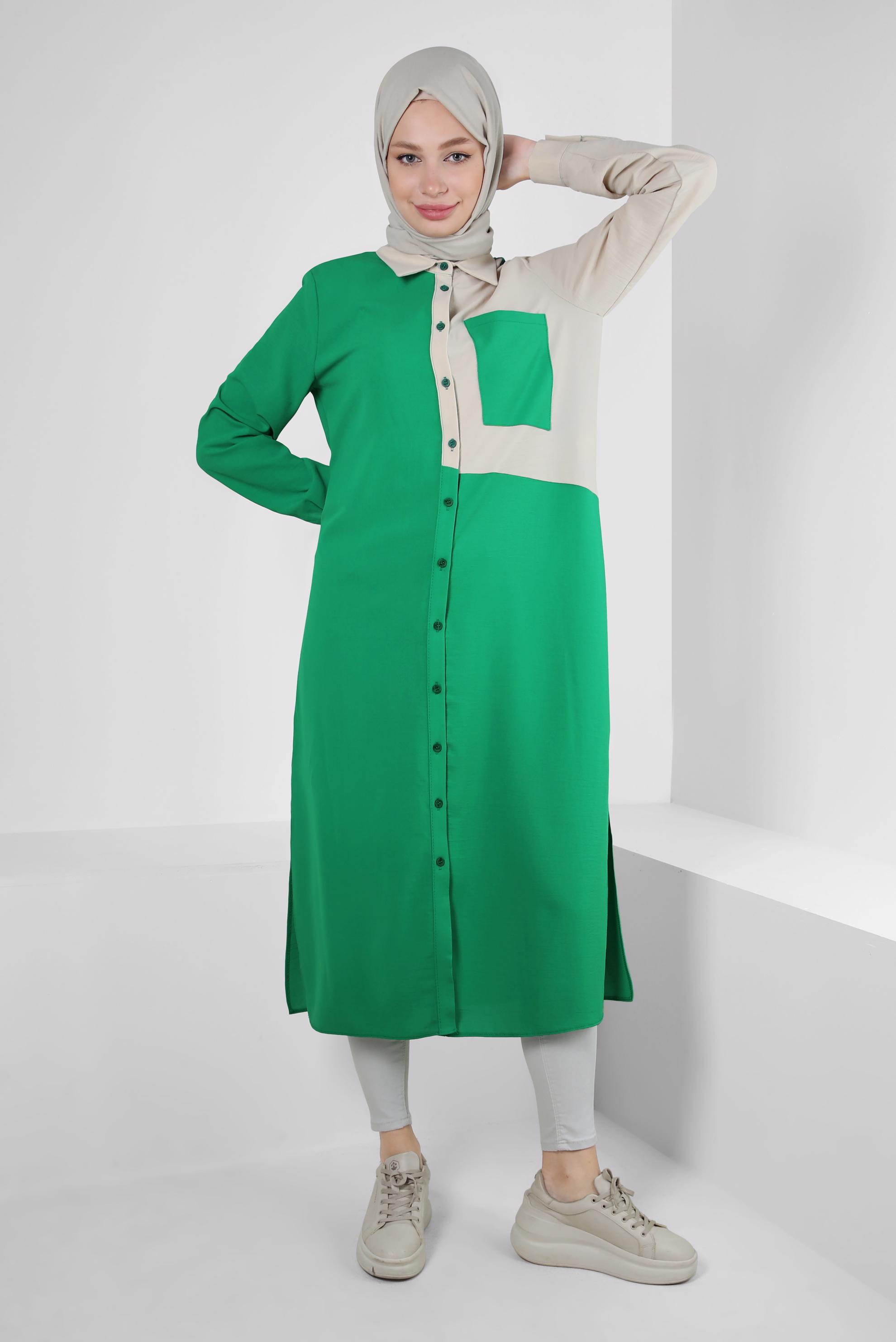 Tesettür giyim YEŞİL YANI YIRTMAÇLI İKİ RENKLİ DÜĞMELİ TUNİK 43730
