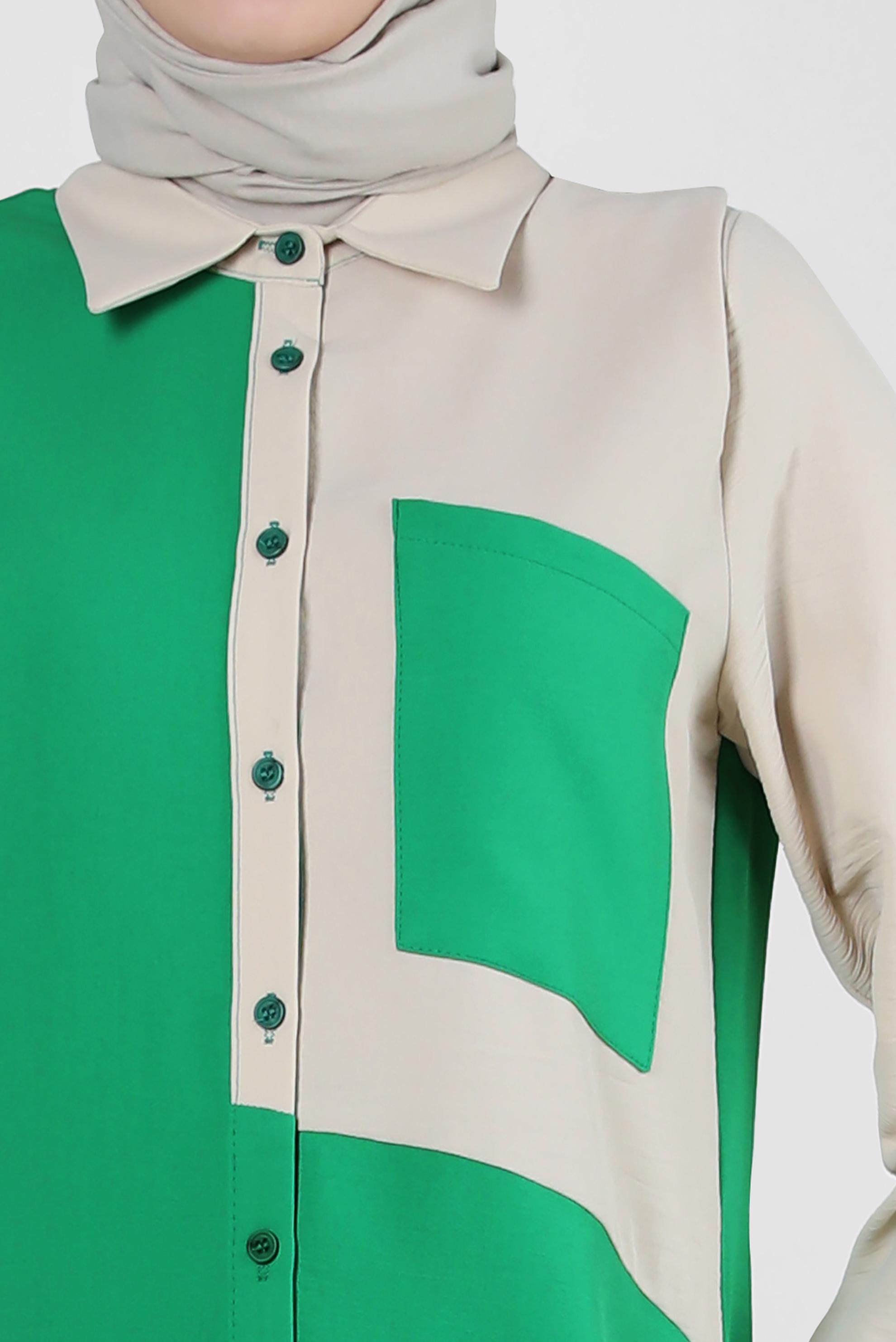 Tesettür giyim YEŞİL YANI YIRTMAÇLI İKİ RENKLİ DÜĞMELİ TUNİK 43730