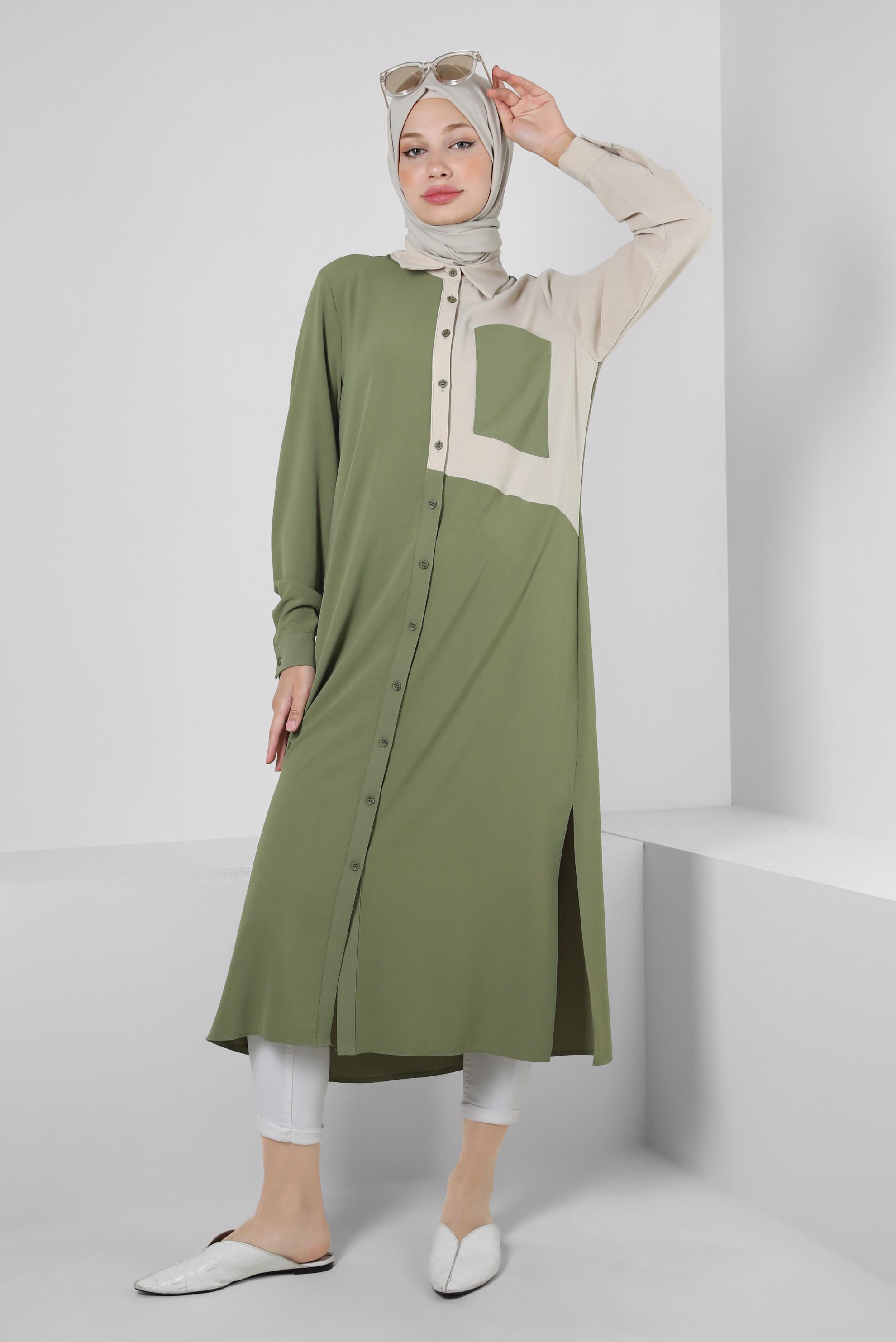 Tesettür giyim YEŞİL YANI YIRTMAÇLI İKİ RENKLİ DÜĞMELİ TUNİK 43730