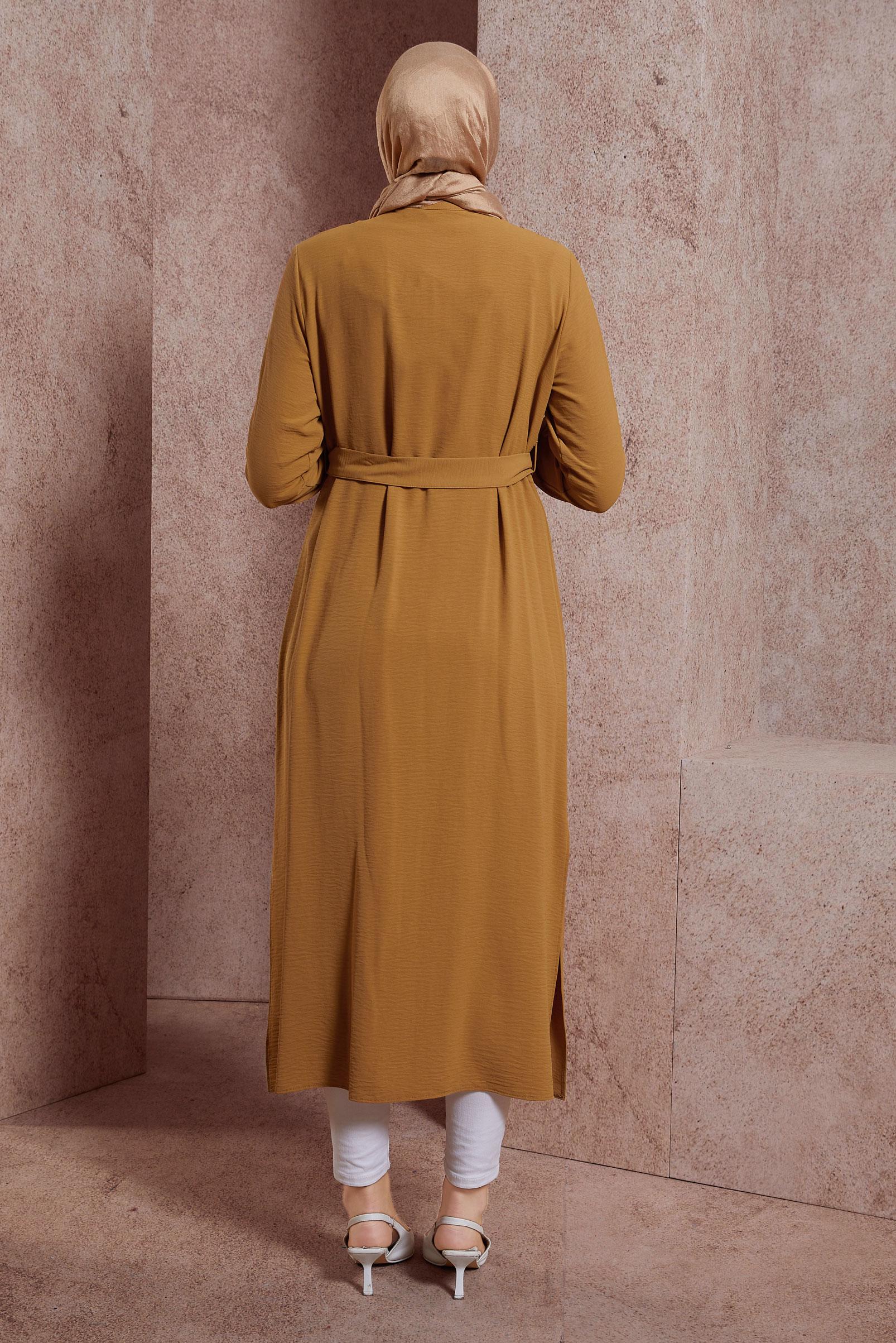 Tesettür giyim SARI ÇİÇEK NAKIŞLI DÜĞMELİ KEMERLİ UZUN TUNİK 43732