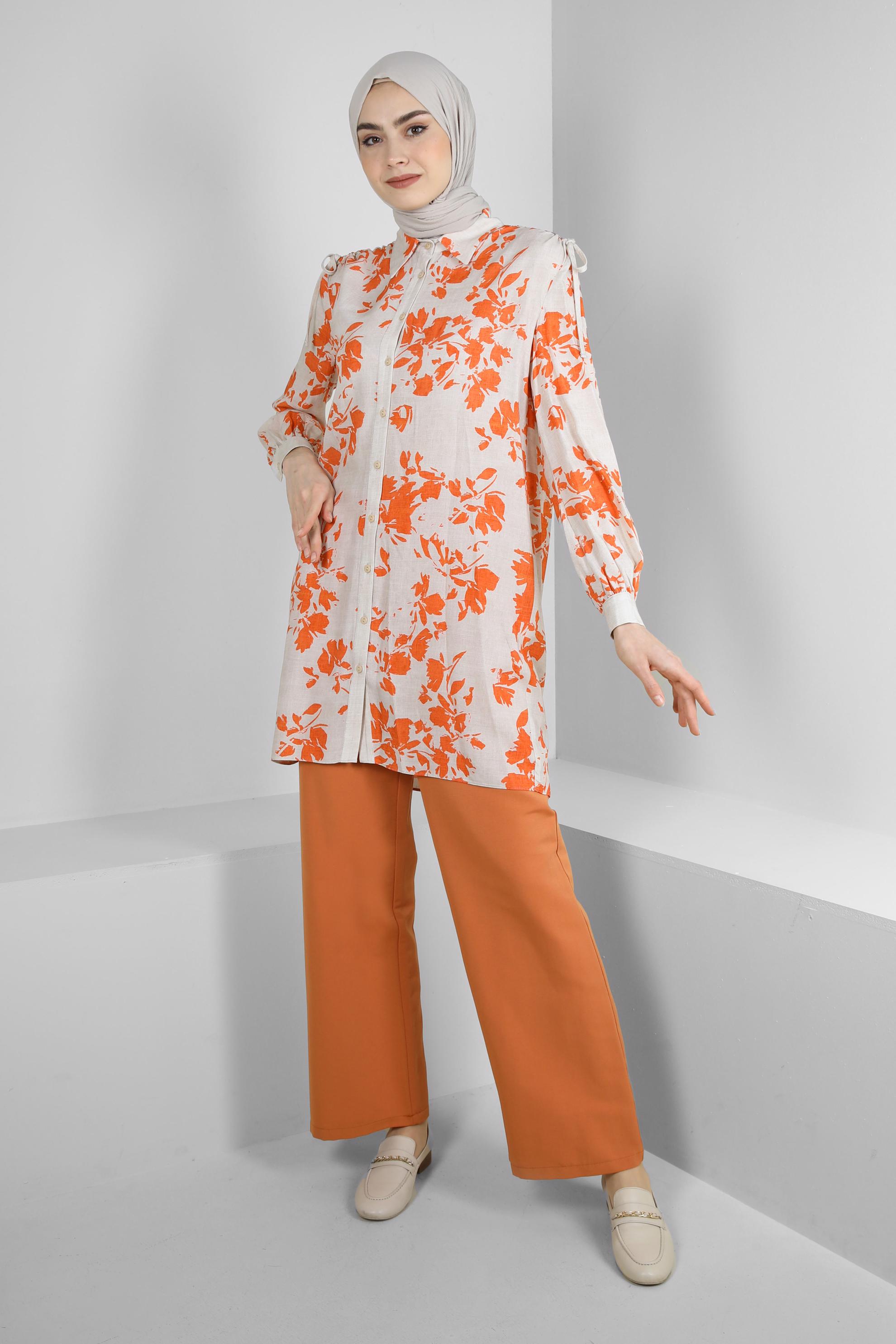 Tesettür giyim TURUNCU DESENLİ BAĞLAMA DETAYLI GÖMLEK TUNİK 43733